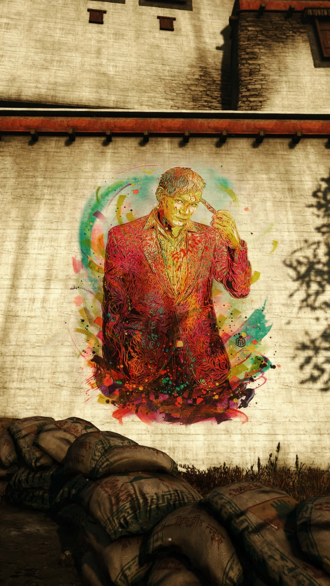 桌布 壁紙 — 一幅充滿活力的塗鴉壁畫，描繪一個穿紅色西裝的男人拿著香煙，畫在一個風化的牆上，旁邊有沙包。