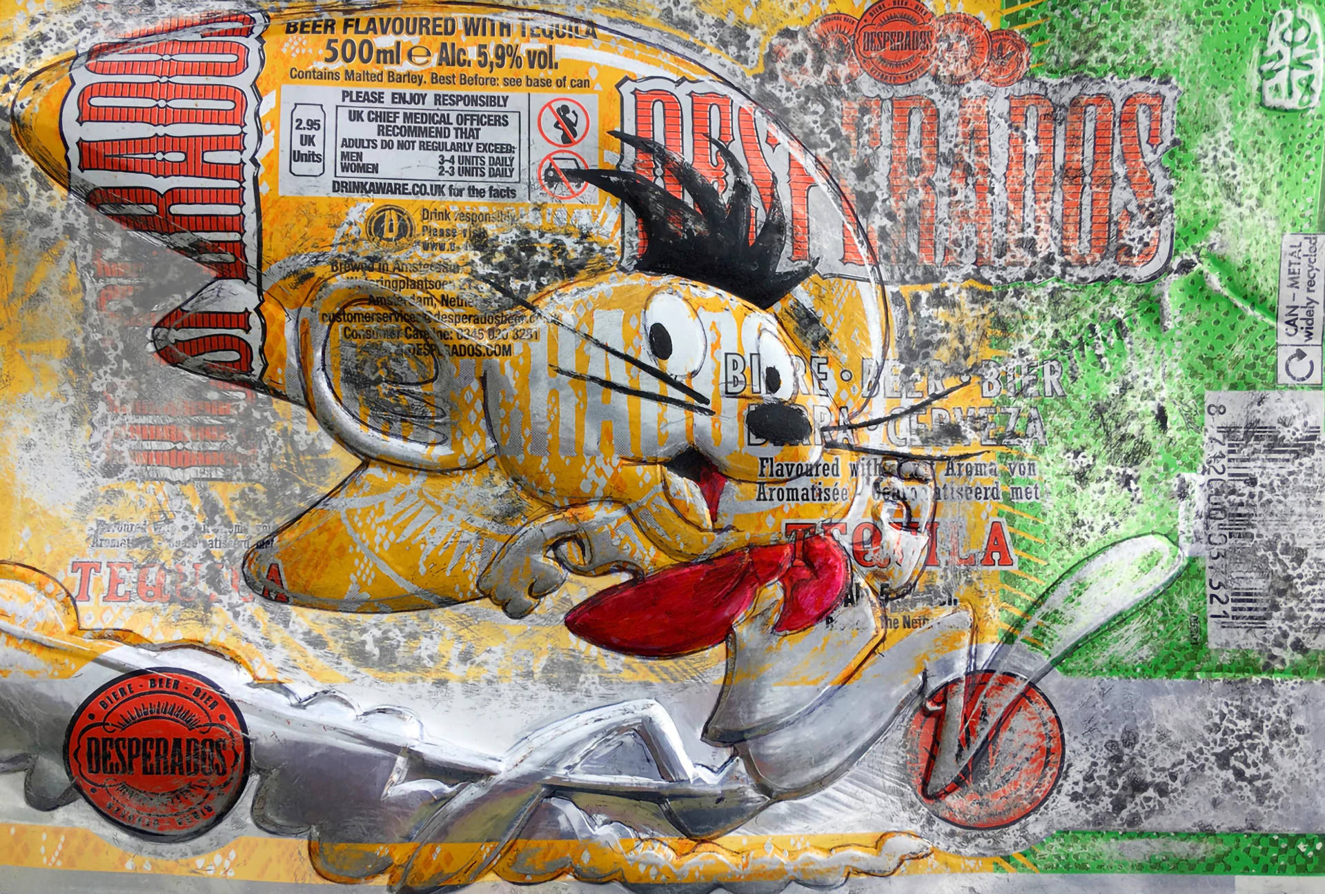 Speedy Gonzales 桌布 壁紙 — 一幅充滿活力的塗鴉壁畫，描繪了一個卡通魔鬼角色，有尖刺頭髮和紅色舌頭，畫在帶有啤酒罐標籤和文字疊加的紋理牆壁上。