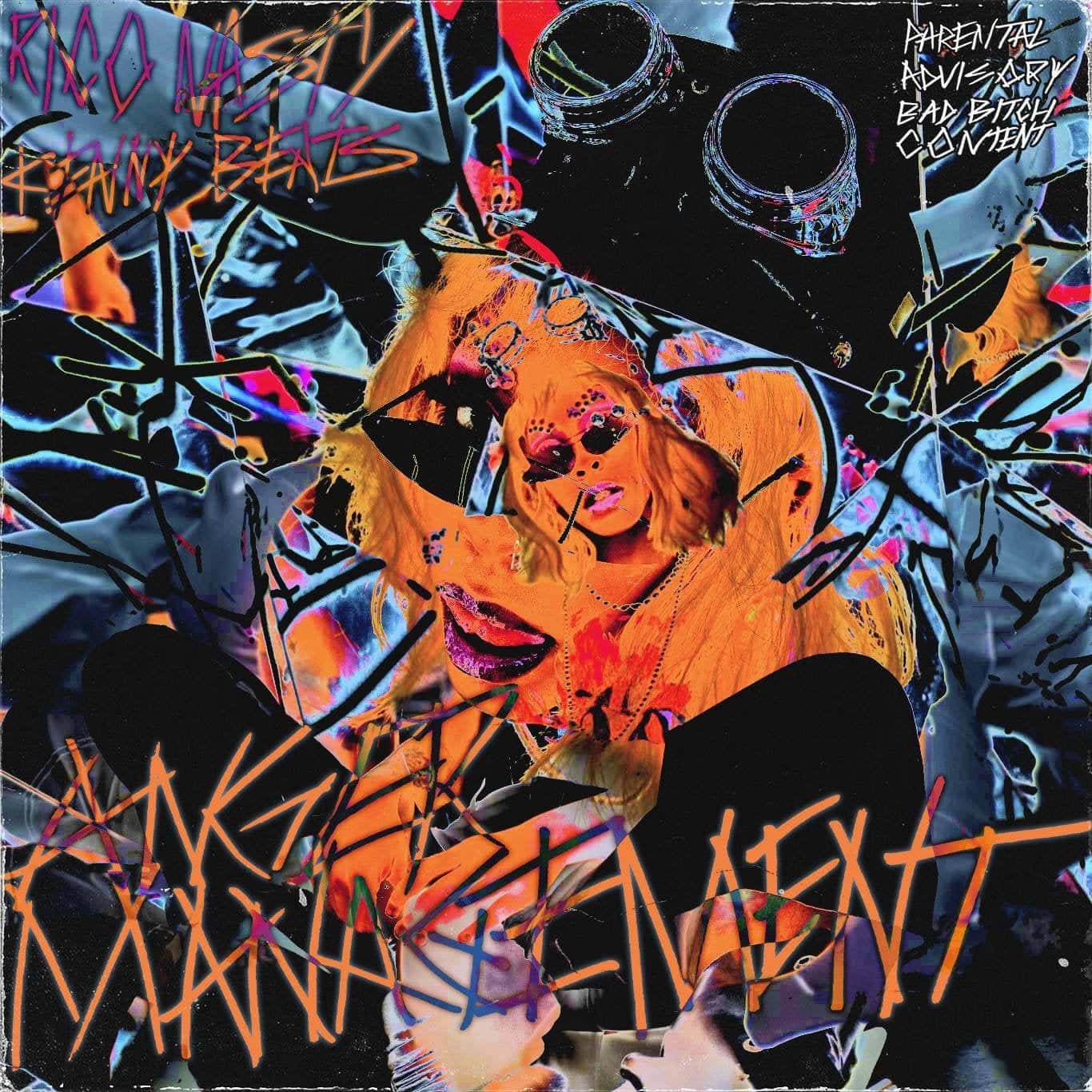 Rico Nasty 桌布 壁紙 — 一幅充滿活力的塗鴉風格肖像，描繪一位擁有橙色頭髮和太陽眼鏡的女性，周圍環繞著混亂的文字和抽象形狀。