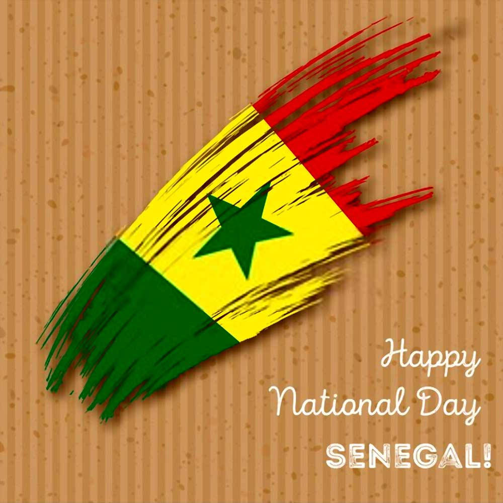 Senegal 桌布 壁紙 — 一幅充滿活力的塞內加爾國旗，以粗獷的筆觸畫在帶紋理的棕色紙上，並帶有慶祝文字。