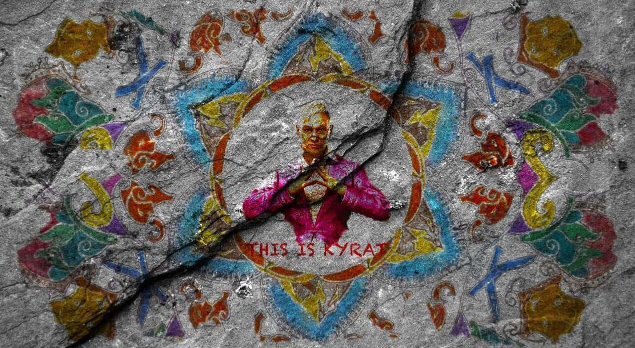 Far Cry 4 桌布 壁紙 — 一幅充滿活力的壁畫，描繪一名身穿粉紅色長袍的男子站在裂開的石頭上，帶有「THIS IS KYRAT」文字和色彩繽紛的部落圖案。