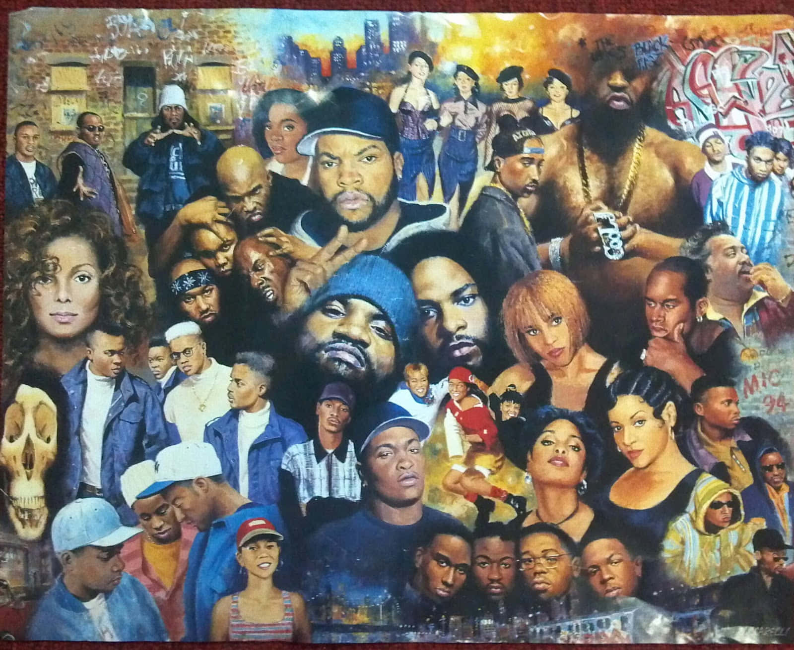 Rapper Collage 桌布 壁紙 — 一幅充滿活力的壁畫風格畫作，以塗鴉覆蓋的城市背景為襯托，密集拼貼了標誌性的嘻哈藝術家和文化人物。