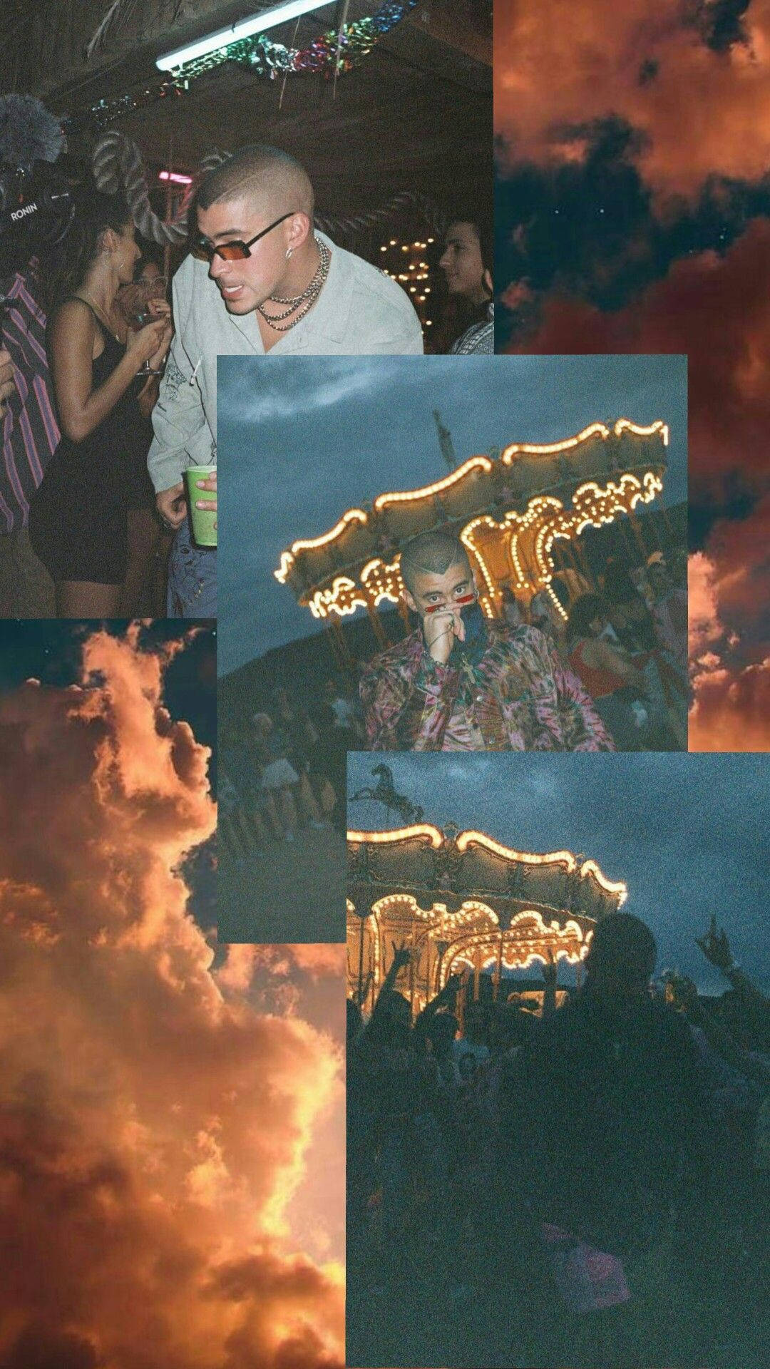 bad 桌布 壁紙 — 一幅充滿活力的夜生活場景拼貼畫，包括發光的旋轉木馬、派對參與者，以及在黑暗天空下火紅的橙色雲彩。