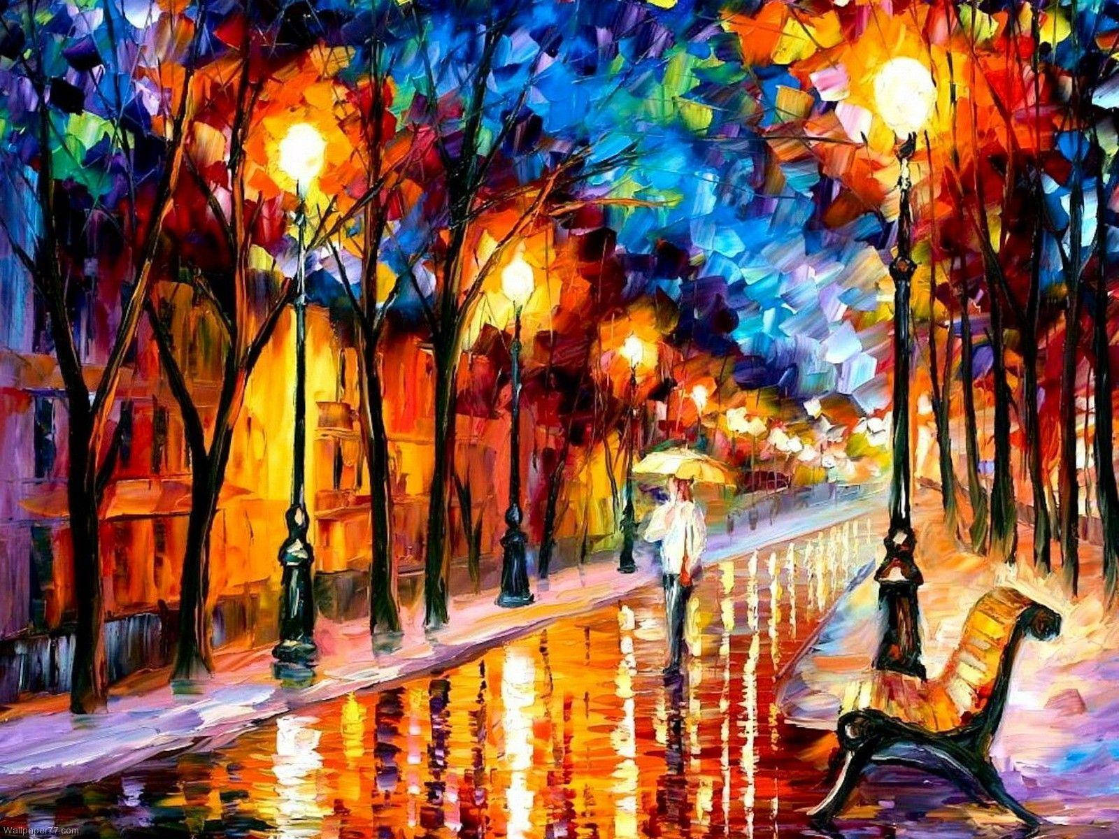 Raining 桌布 壁紙 — 一幅充滿活力的夜間街景畫，一個孤獨的身影在發光的街燈下撐著傘，街燈倒映在濕漉漉的人行道上。