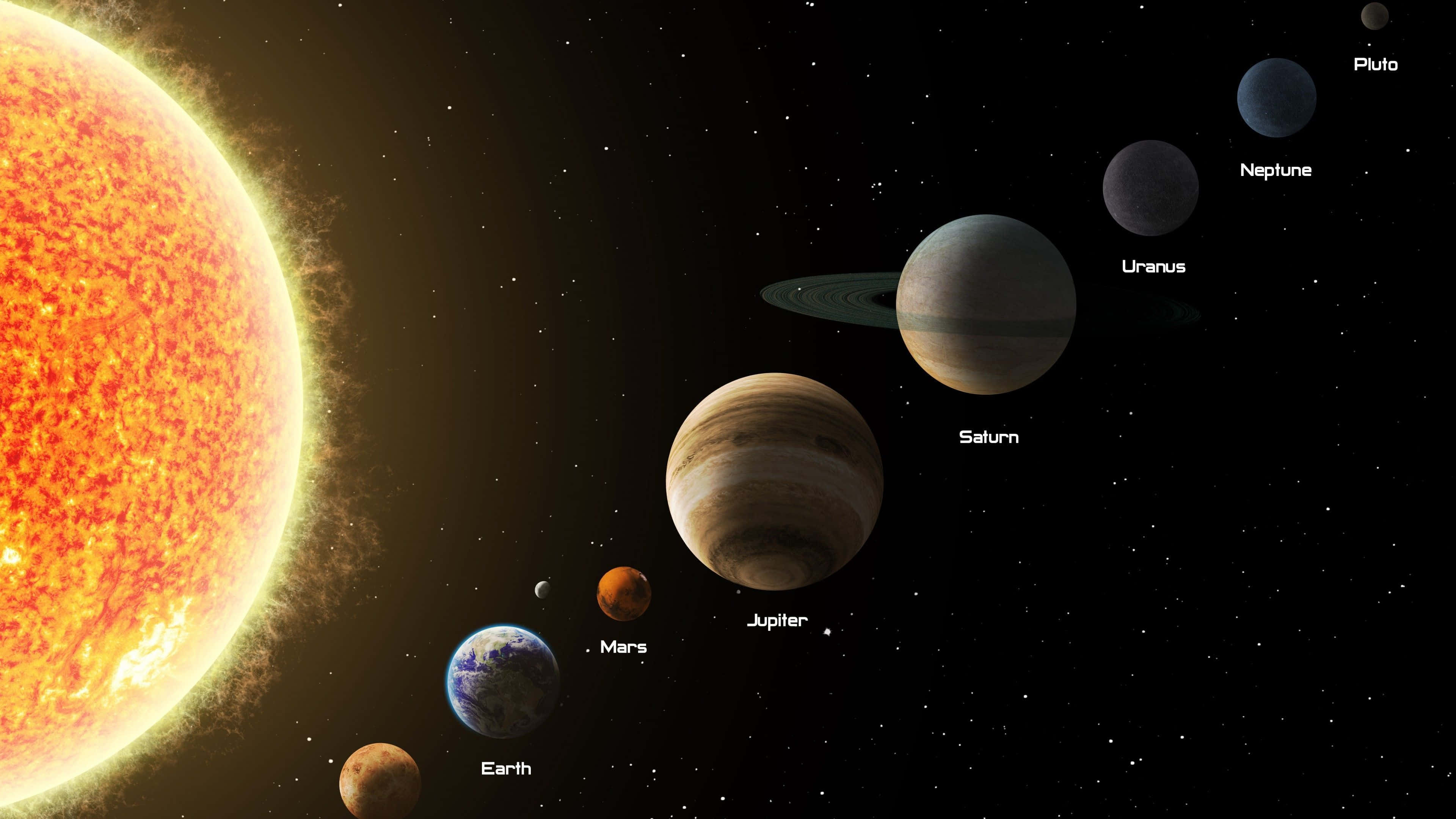 太陽系 桌布 壁紙 — 一幅充滿活力的太陽系插圖，展示太陽和行星，包括木星、土星、地球和火星，背景是星光閃爍的黑色夜空。