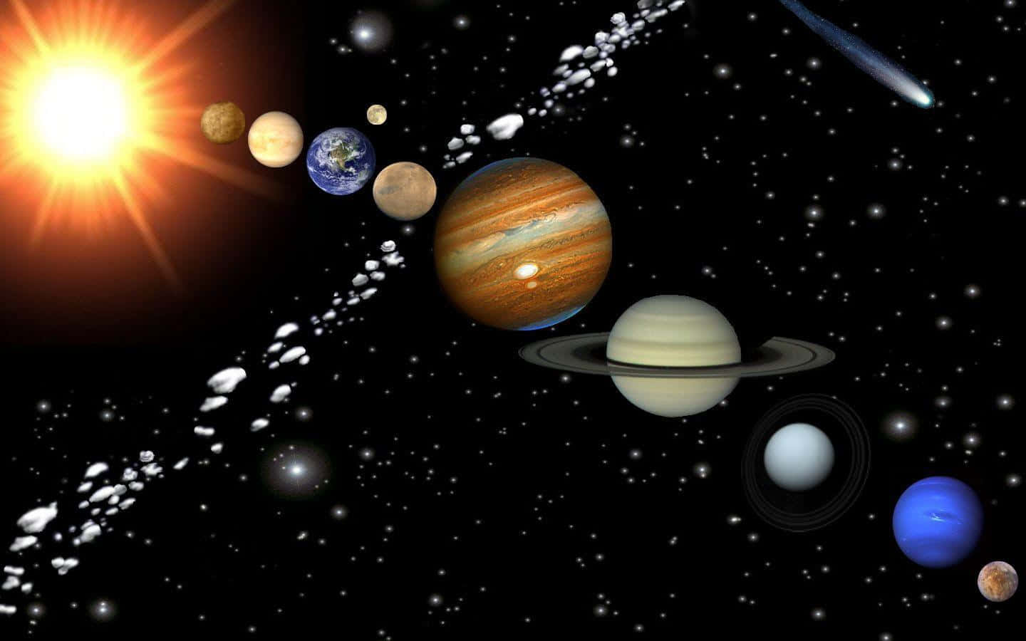 Neptune 桌布 壁紙 — 一幅充滿活力的太陽系插圖，描繪太陽和行星繞著軌道運行，小行星和彗星劃過星空虛空。