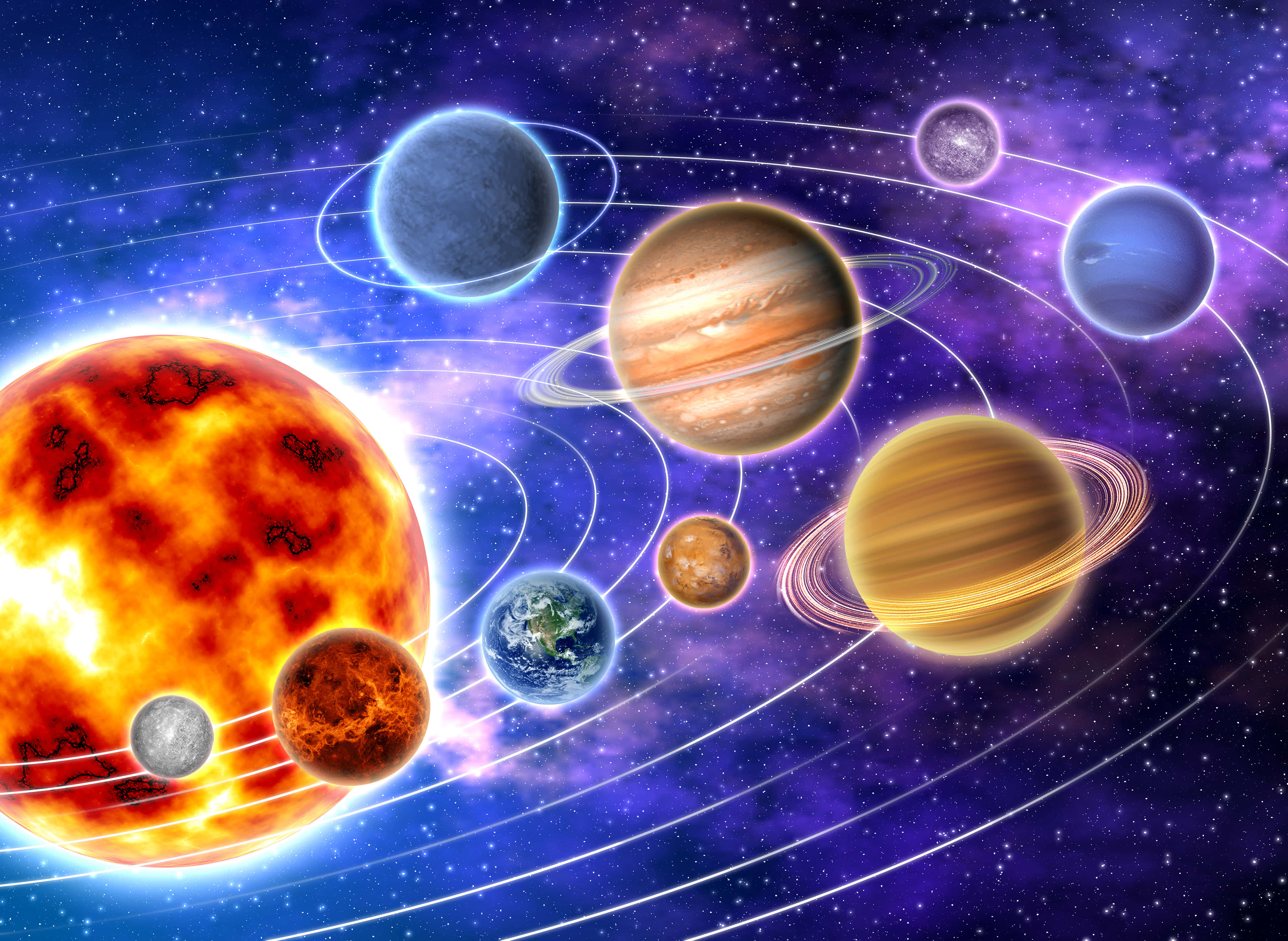 行星動畫 桌布 壁紙 — 一幅充滿活力的太陽系插圖，描繪熾熱的太陽和色彩繽紛的行星在繁星點點的紫色星系中運行。