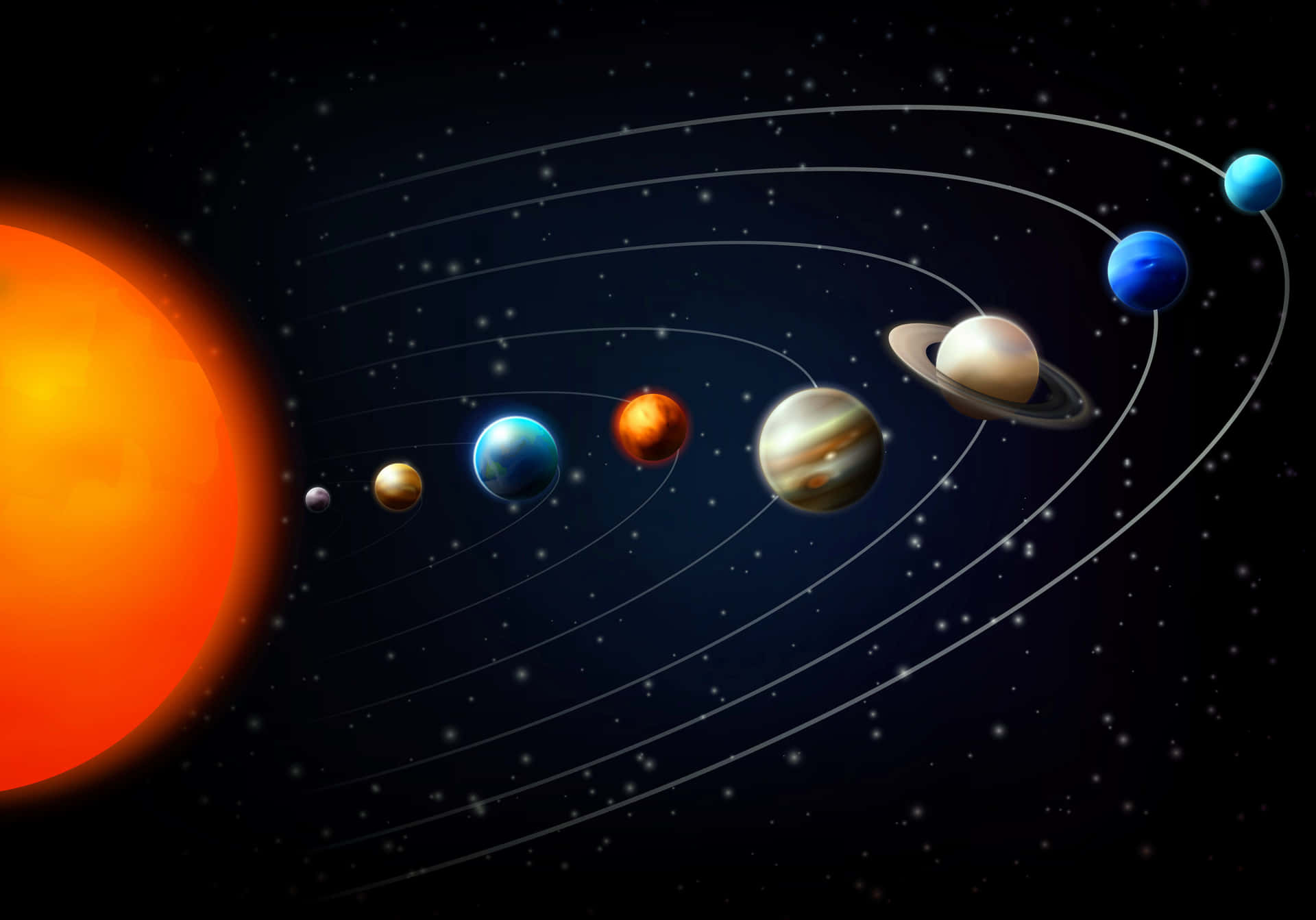 太陽系 桌布 壁紙 — 一幅充滿活力的太陽系插圖，顯示行星圍繞著發光的太陽運行，背景是繁星點點的宇宙。