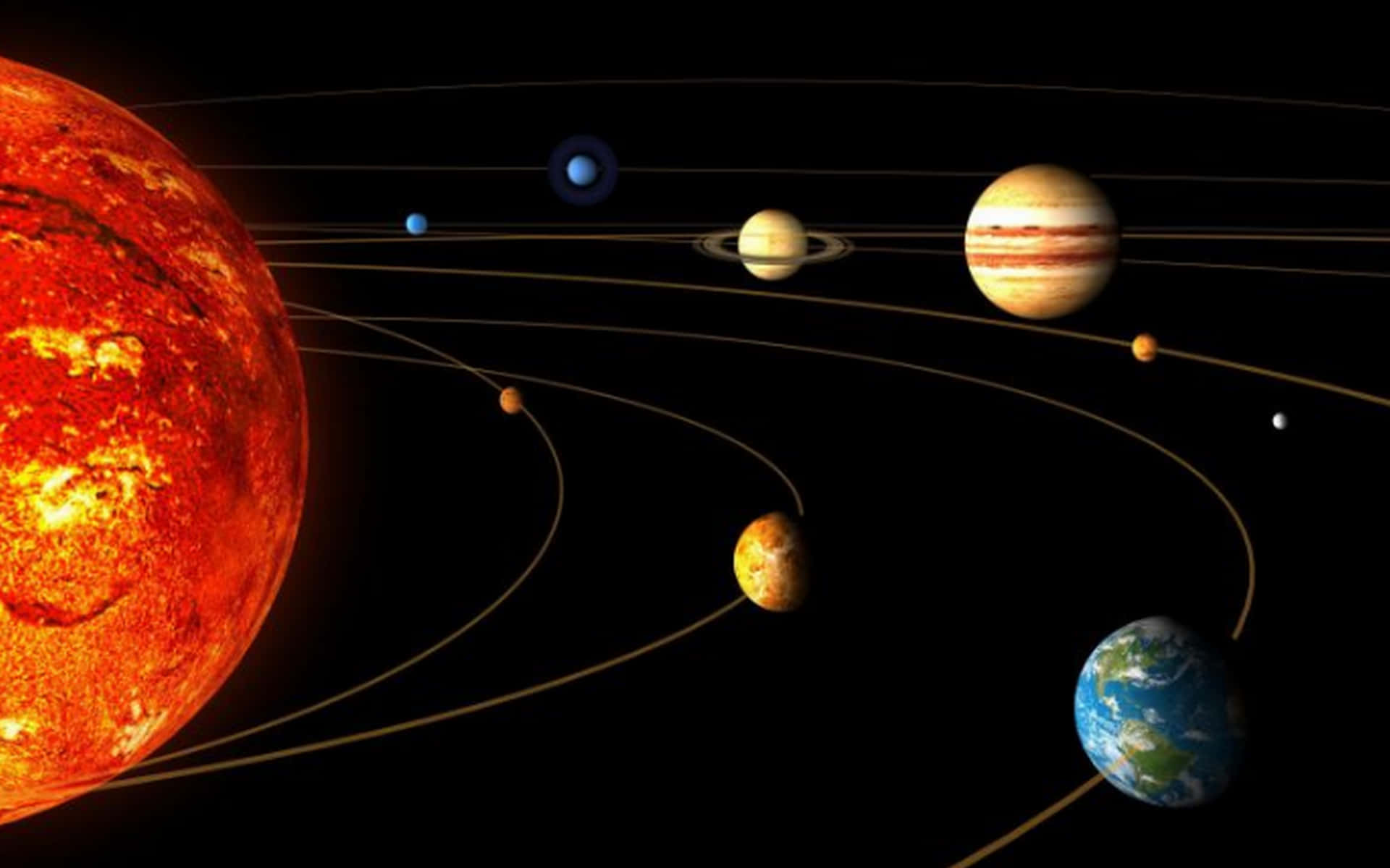 太陽系 桌布 壁紙 — 一幅充滿活力的太陽系插圖顯示行星圍繞著熾熱的太陽在黑色虛空中運行。
