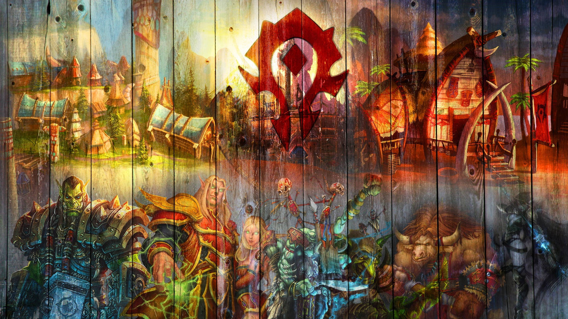 Wow Classic 桌布 壁紙 — 一幅充滿活力的奇幻壁畫繪在風化的木板上，描繪了多樣的角色和一個發光的紅色標誌，背景是奇幻的村莊和山脈。