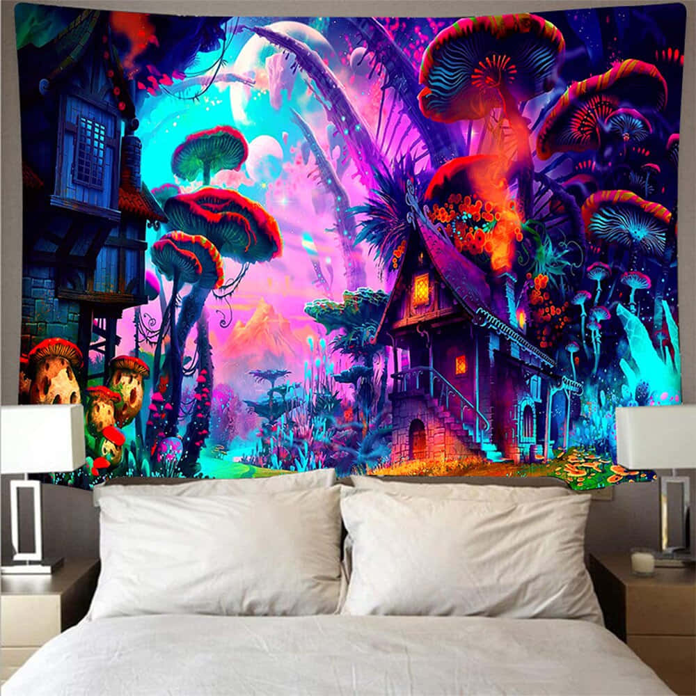Trippy Mushrooms 桌布 壁紙 — 一幅充滿活力的奇幻掛毯描繪了在超現實霓虹天空下發光的蘑菇森林和奇特的房屋。