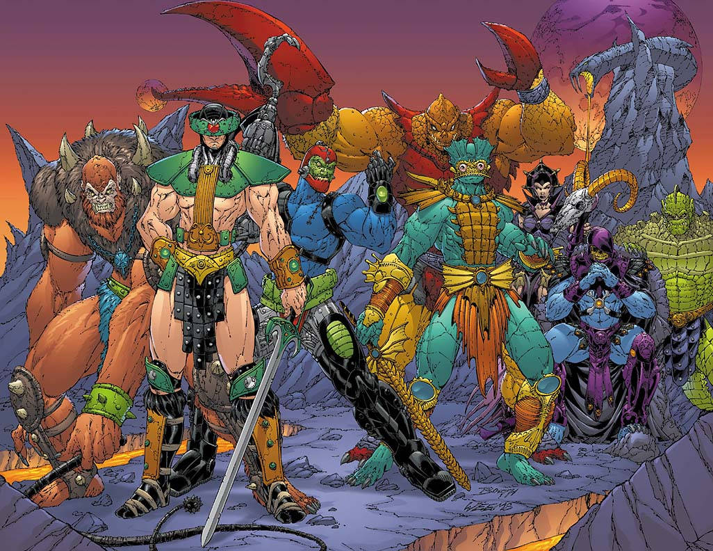 he man 桌布 壁紙 — 一幅充滿活力的奇幻插圖，描繪七個肌肉發達、身穿盔甲、有角和爪的戰士，在日落時站在岩石峭壁上。