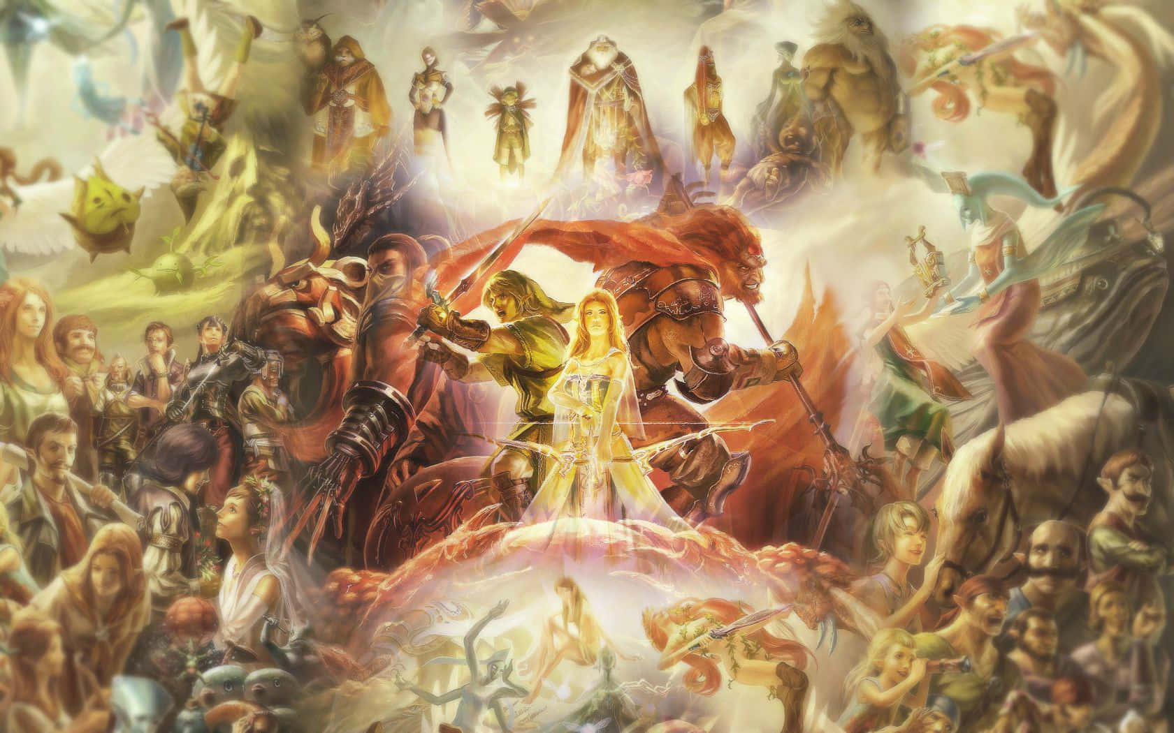 The Legend Of Zelda Characters 桌布 壁紙 — 一幅充滿活力的奇幻插圖，描繪了各種神話角色和生物在發光的空靈背景前擺出動態姿勢。