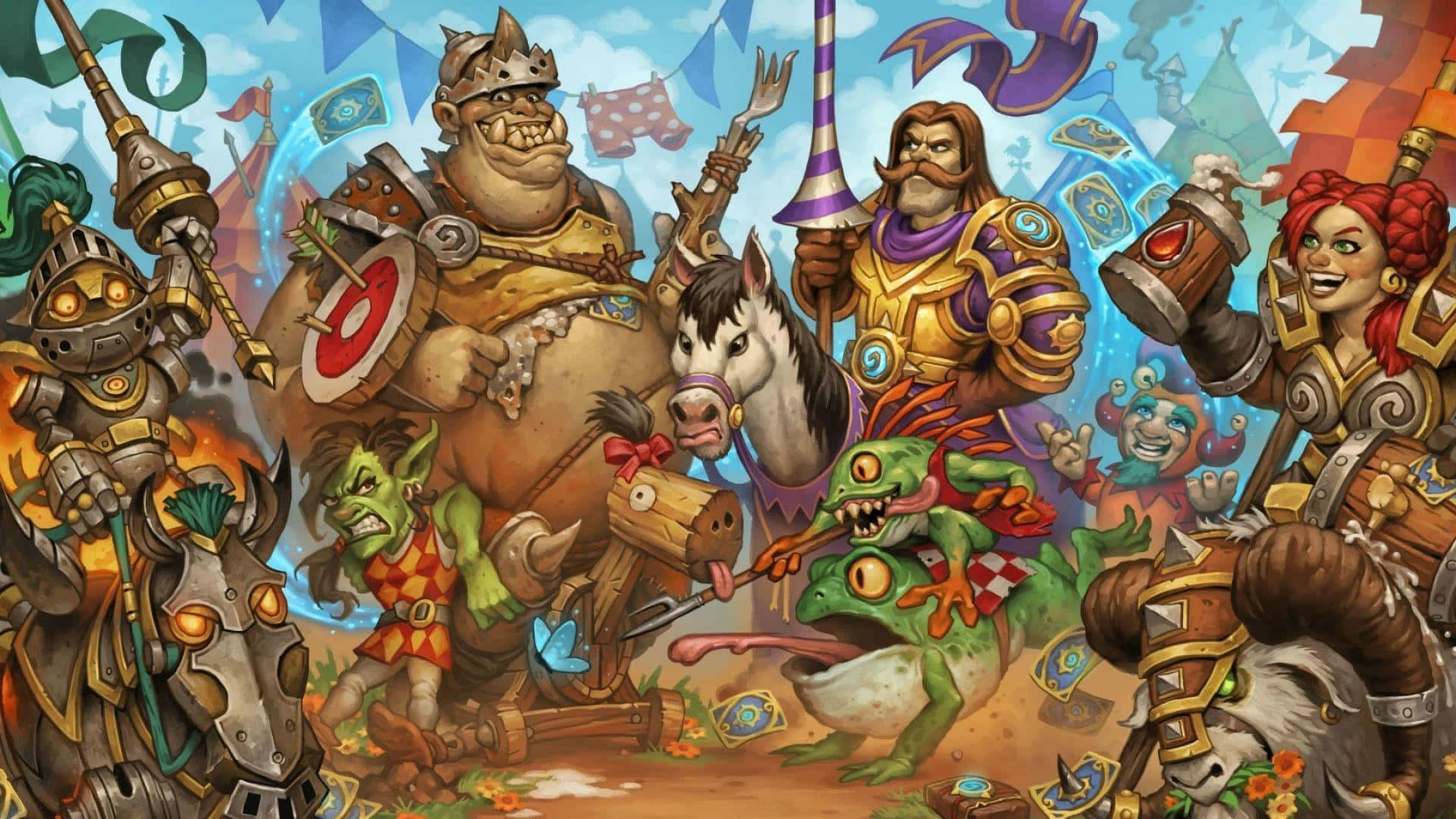 Hearthstone 桌布 壁紙 — 一幅充滿活力的奇幻插圖，描繪了身穿盔甲的戰士、哥布林和一隻巨型青蛙在色彩繽紛的旗幟和漂浮金幣中進行混亂的遊行。