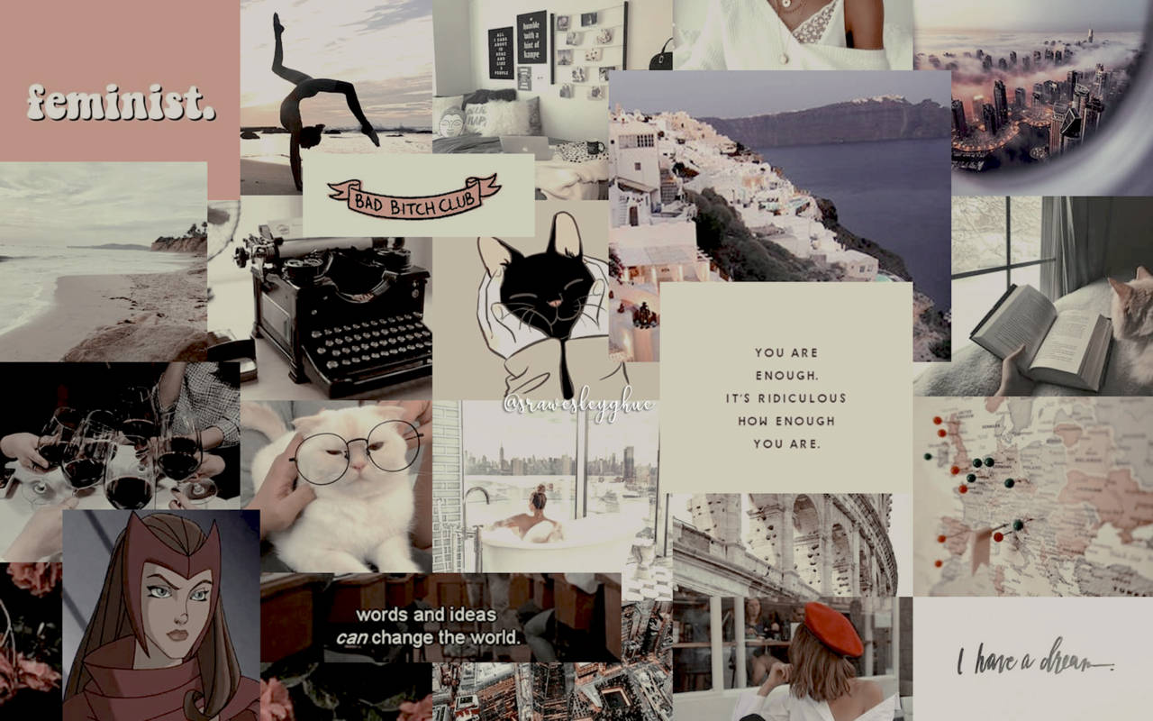 Pinterest Aesthetic 桌布 壁紙 — 一幅充滿活力的女權主義圖像拼貼畫，以柔和的粉彩調色呈現貓咪、打字機、城市景觀和鼓舞人心的語錄。