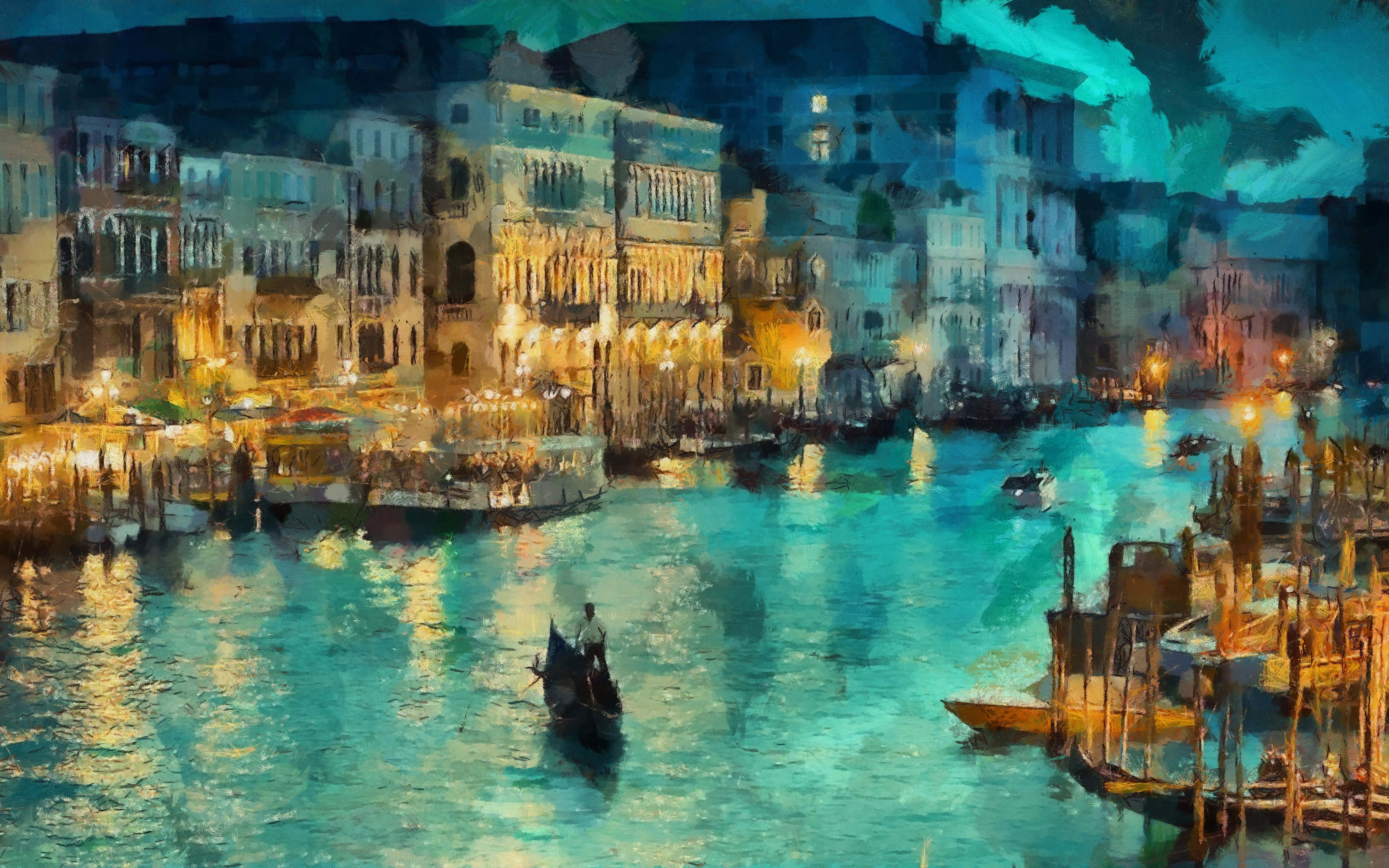 venice 桌布 壁紙 — 一幅充滿活力的威尼斯水彩畫，描繪黃昏時分，貢多拉在閃爍的綠松色運河中滑行，兩旁是溫暖燈光照耀的歷史建築。