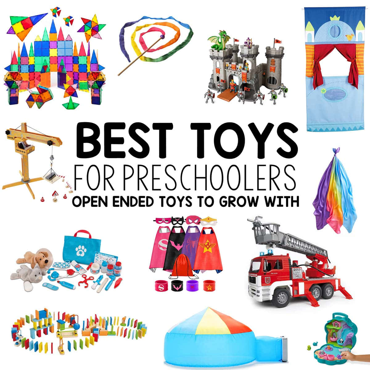 toys 桌布 壁紙 — 一幅充滿活力的學前玩具拼貼畫，包括磁力積木、消防車、服裝和遊戲帳篷，背景為白色。