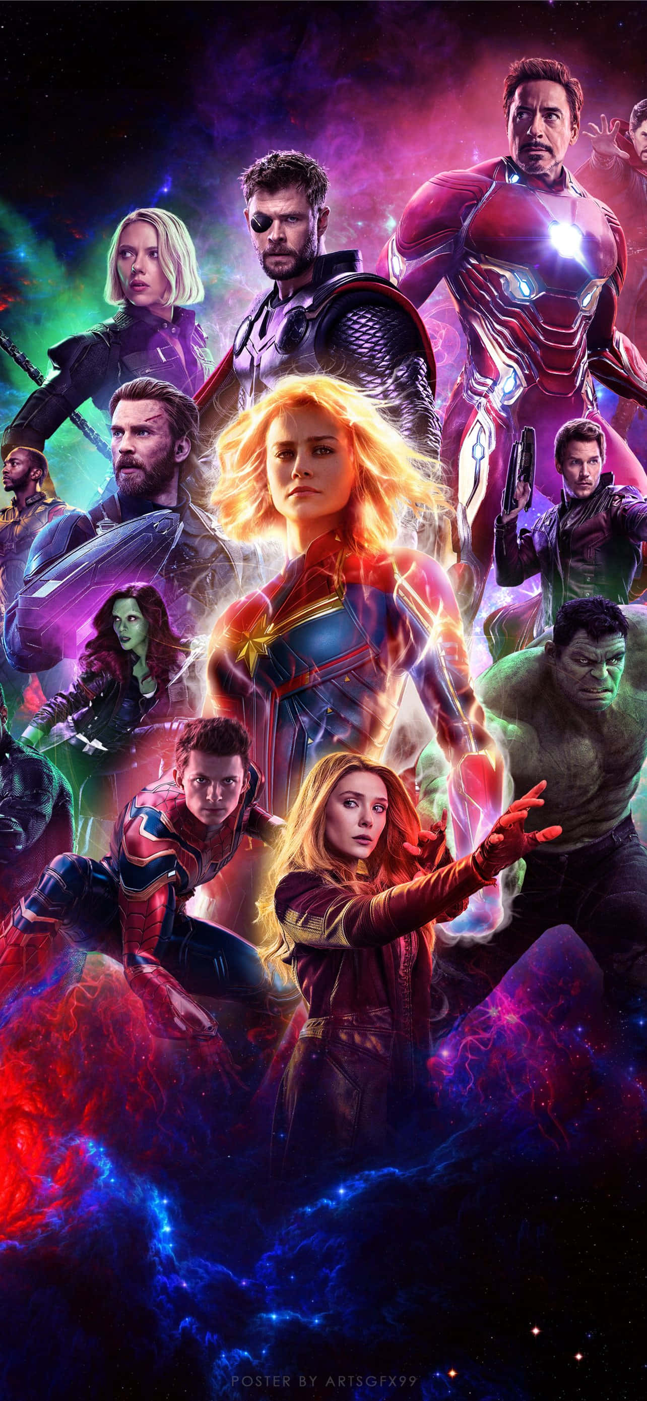 Avengers Endgame iPhone 桌布 壁紙 — 一幅充滿活力的宇宙拼貼畫，描繪了Marvel超級英雄如Captain Marvel和Iron Man，在紫色、紅色和藍色能量漩渦星雲前擺出姿勢。