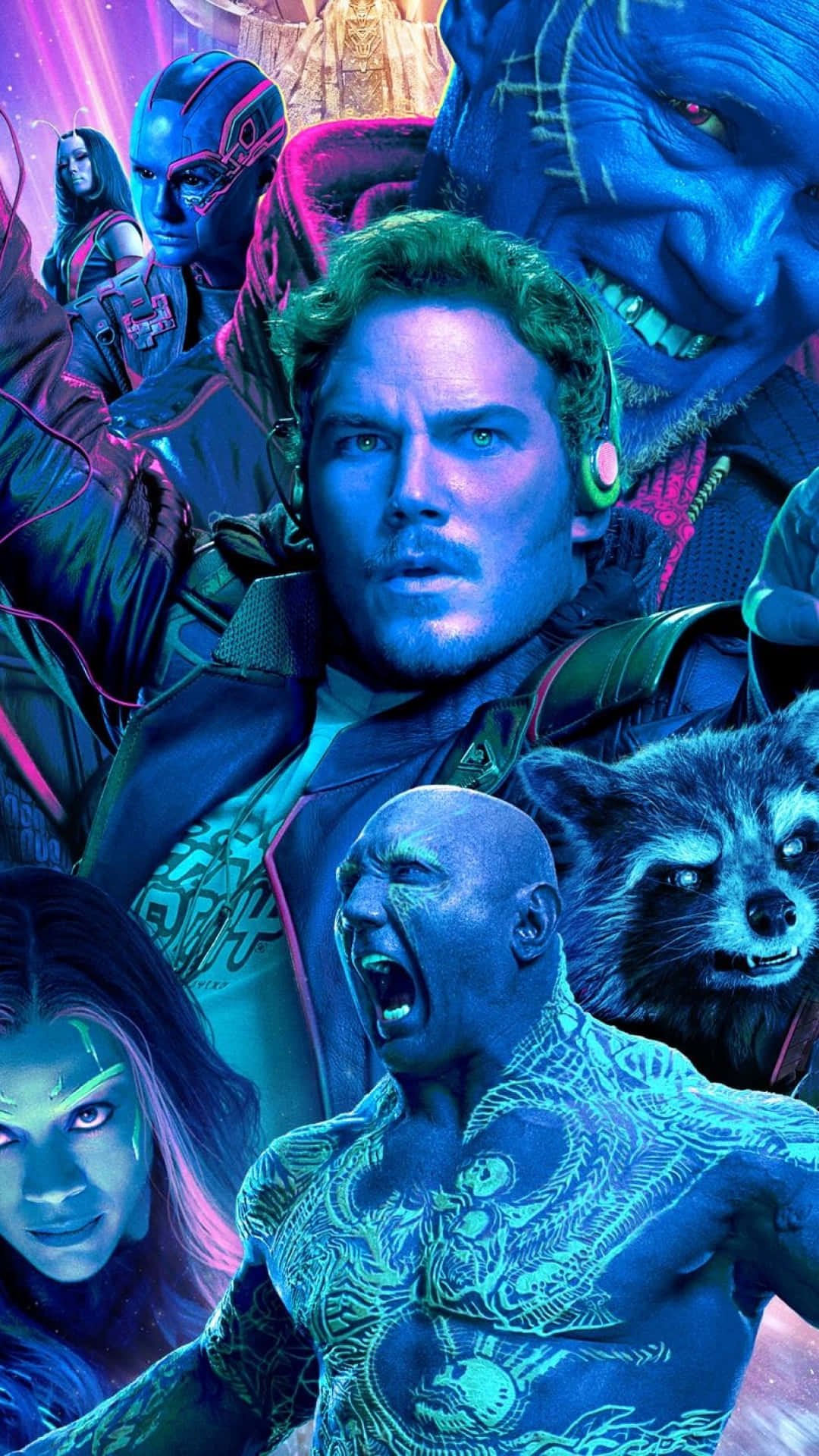 Guardians Of The Galaxy 2 桌布 壁紙 — 一幅充滿活力的宇宙拼貼畫，描繪星際異攻隊角色在霓虹藍和粉紅燈光下擺出動感姿勢。