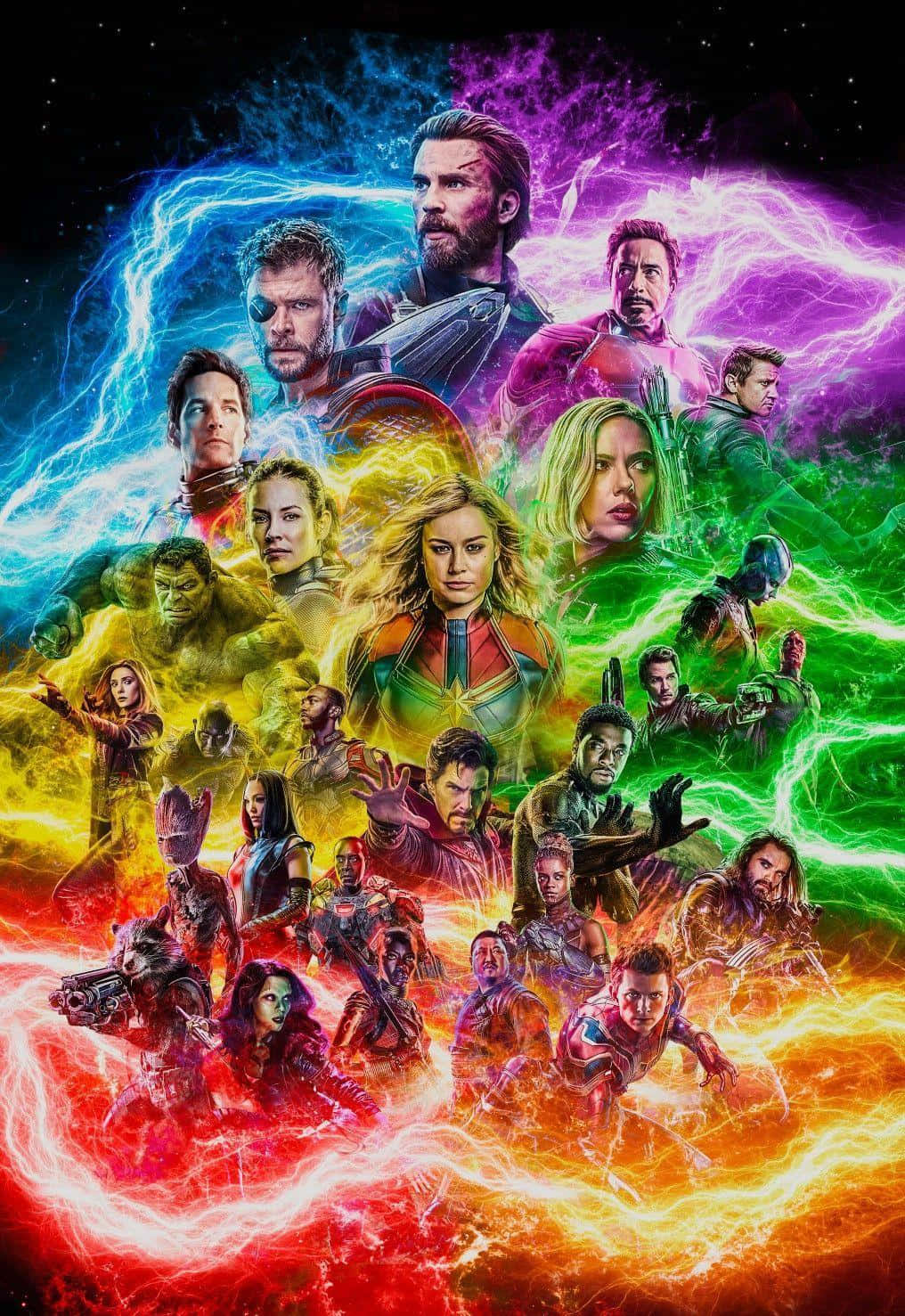 Endgame 桌布 壁紙 — 一幅充滿活力的宇宙拼貼畫，描繪漫威超級英雄被彩虹色調的電能爆發包圍，背景是繁星點點的虛空。