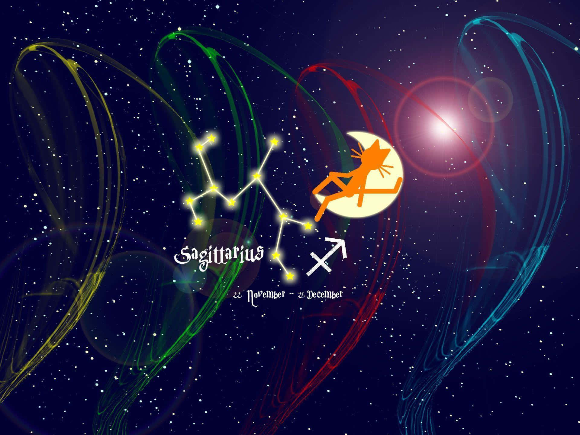 sagittarius 桌布 壁紙 — 一幅充滿活力的宇宙插圖，描繪人馬座星座，在繁星點點的夜空中有著發光的弓箭手剪影。
