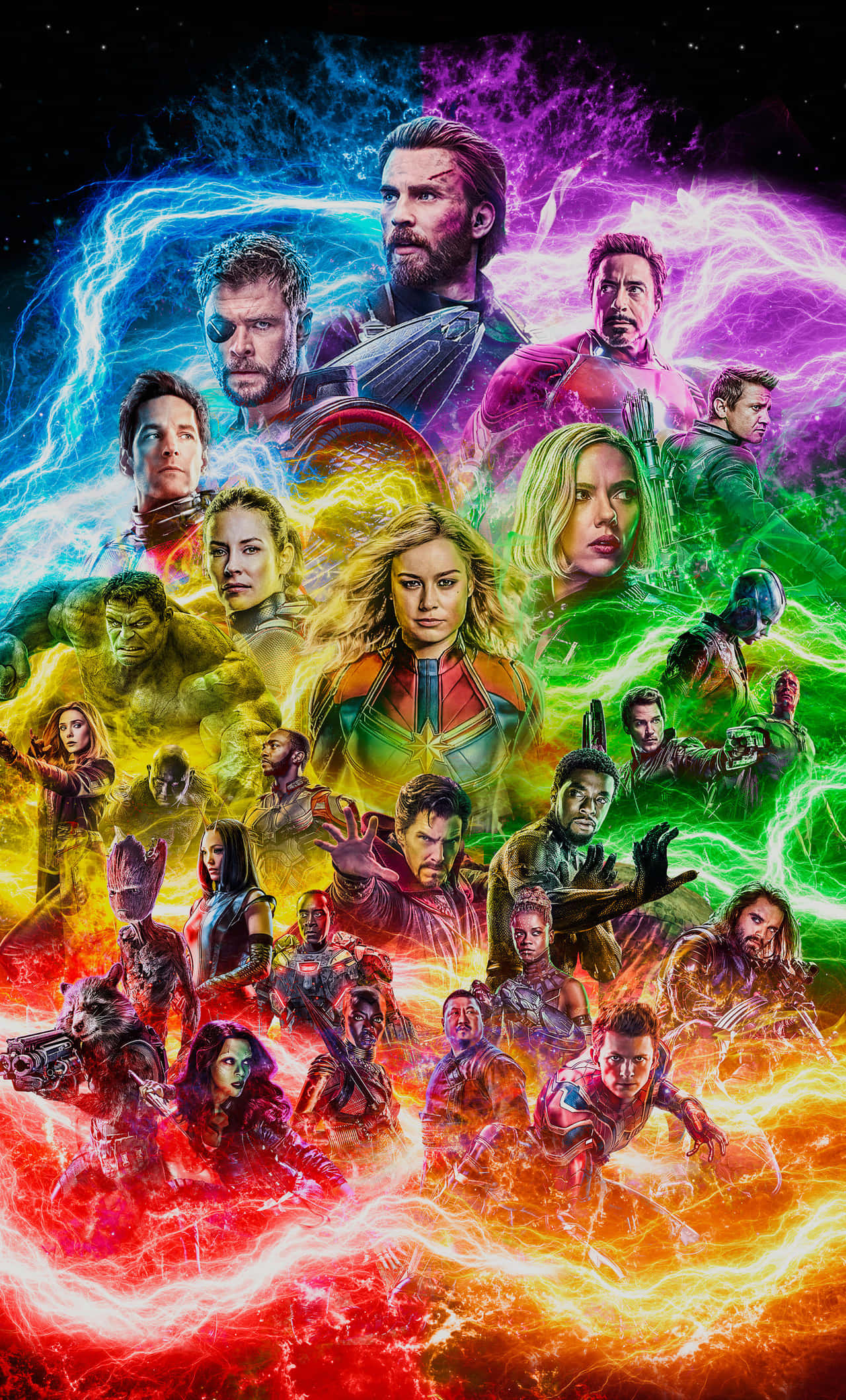 Endgame 桌布 壁紙 — 一幅充滿活力的宇宙風格漫威超級英雄拼貼畫，周圍環繞著彩虹色調的電能爆發。