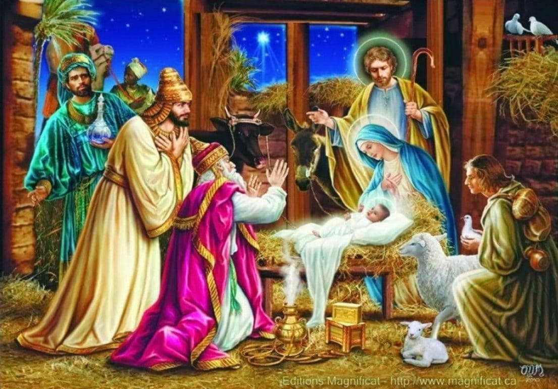 基督教 桌布 壁紙 — 一幅充滿活力的宗教畫描繪了耶穌誕生的場景，包括瑪利亞、約瑟、嬰兒耶穌、東方三博士、動物和繁星點點的夜空。