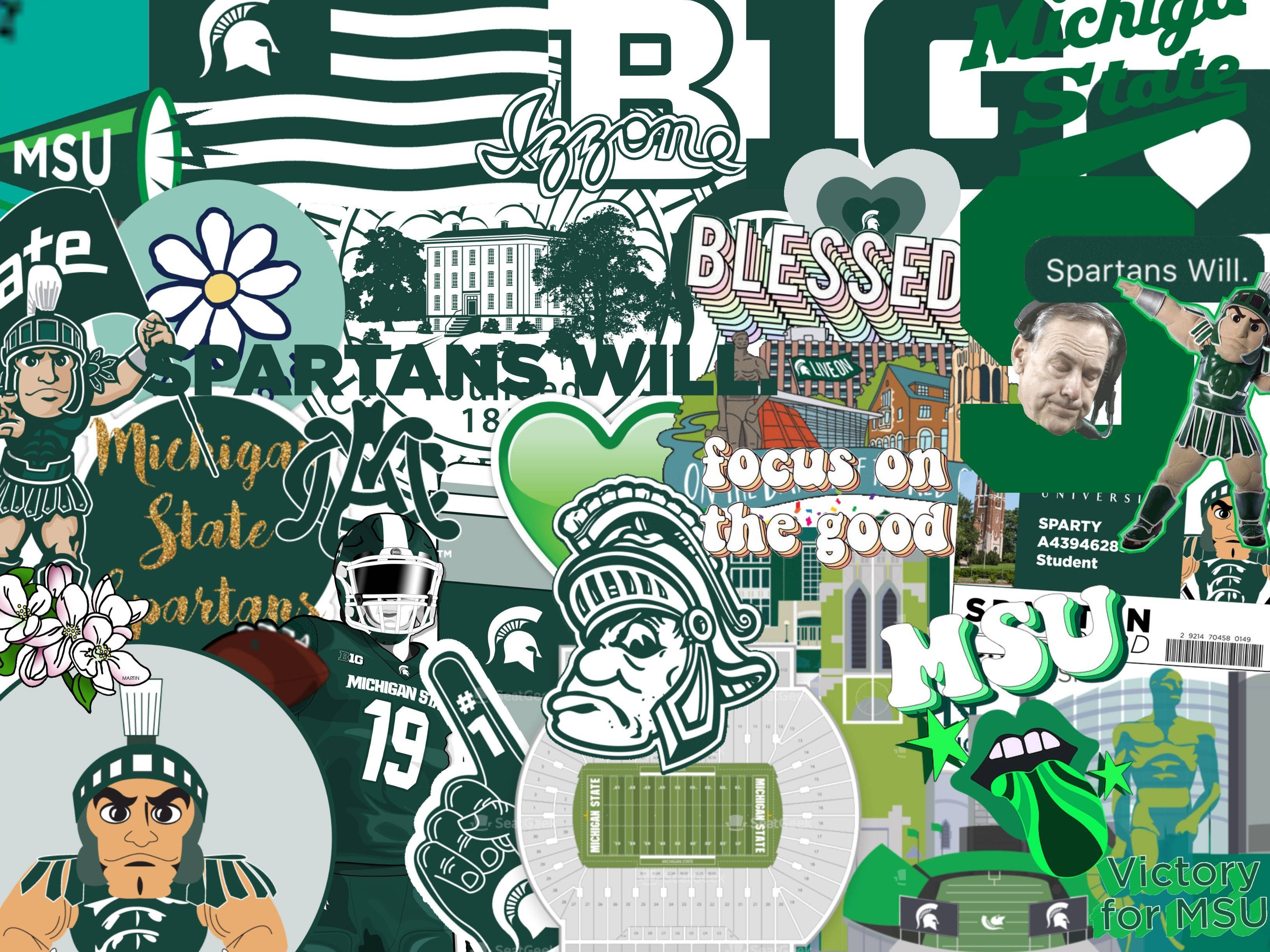 Michigan State Spartans 桌布 壁紙 — 一幅充滿活力的密西根州立斯巴達人紀念品拼貼畫，以綠色和白色展示標誌、吉祥物、口號和校園圖像。