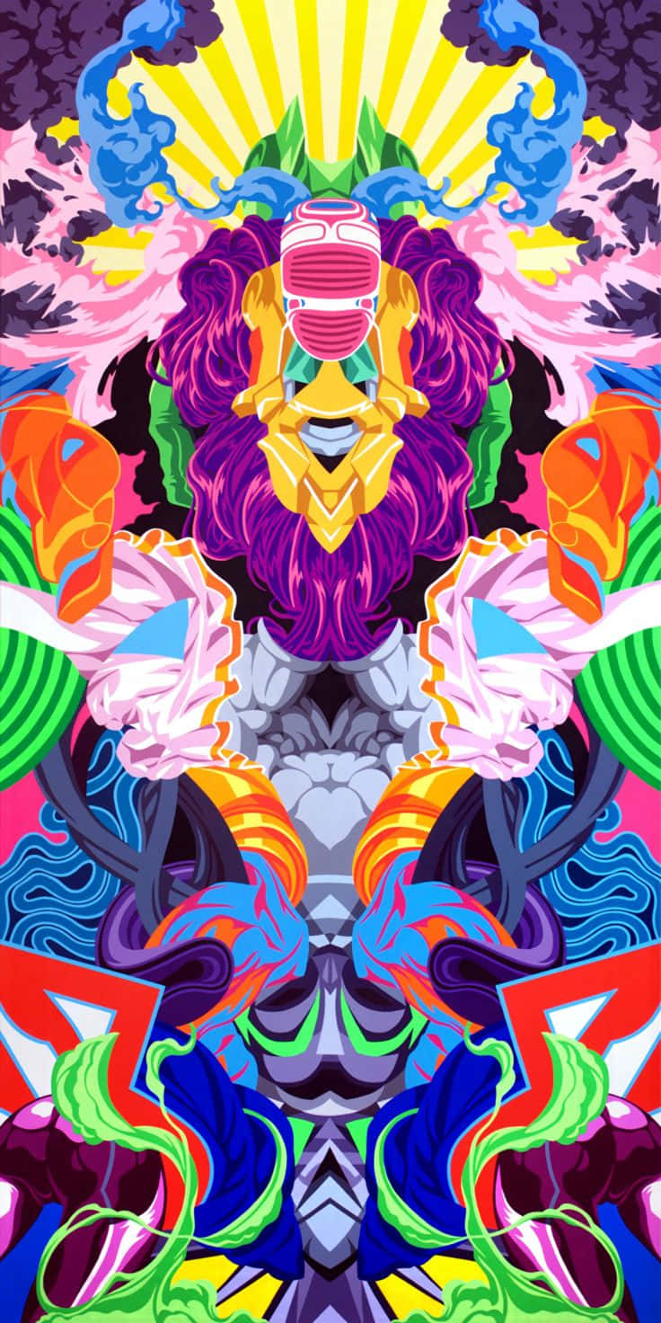 Psychedelic Animals 桌布 壁紙 — 一幅充滿活力的對稱數位藝術作品，中央有一個戴面具的紫色頭髮人物，背景是燦爛的黃色太陽爆發。