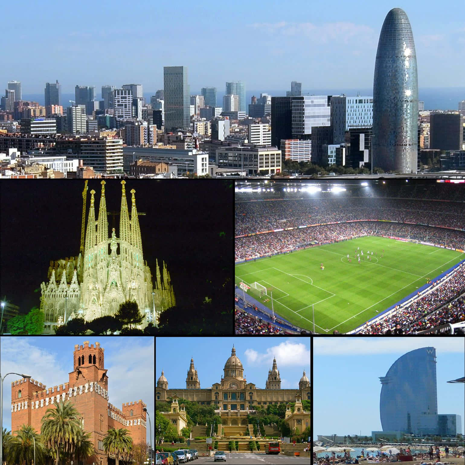 Barcelona 桌布 壁紙 — 一幅充滿活力的巴塞隆納天際線拼貼畫， featuring 現代塔樓、歷史悠久的大教堂和熙熙攘攘的足球場，在晴朗的藍天下。