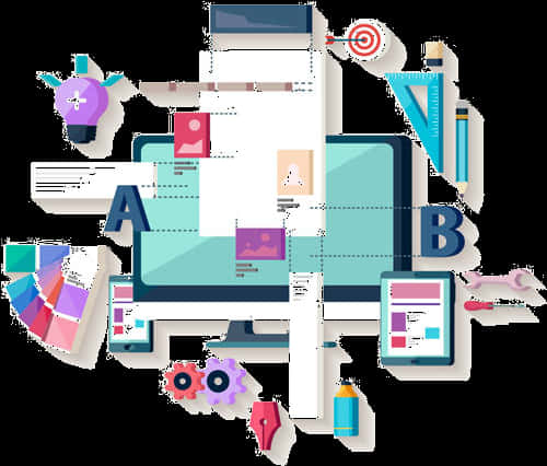 Graphics Design 桌布 壁紙 — 一幅充滿活力的平面設計插圖，展示數位設計工具圍繞中央電腦顯示器漂浮。