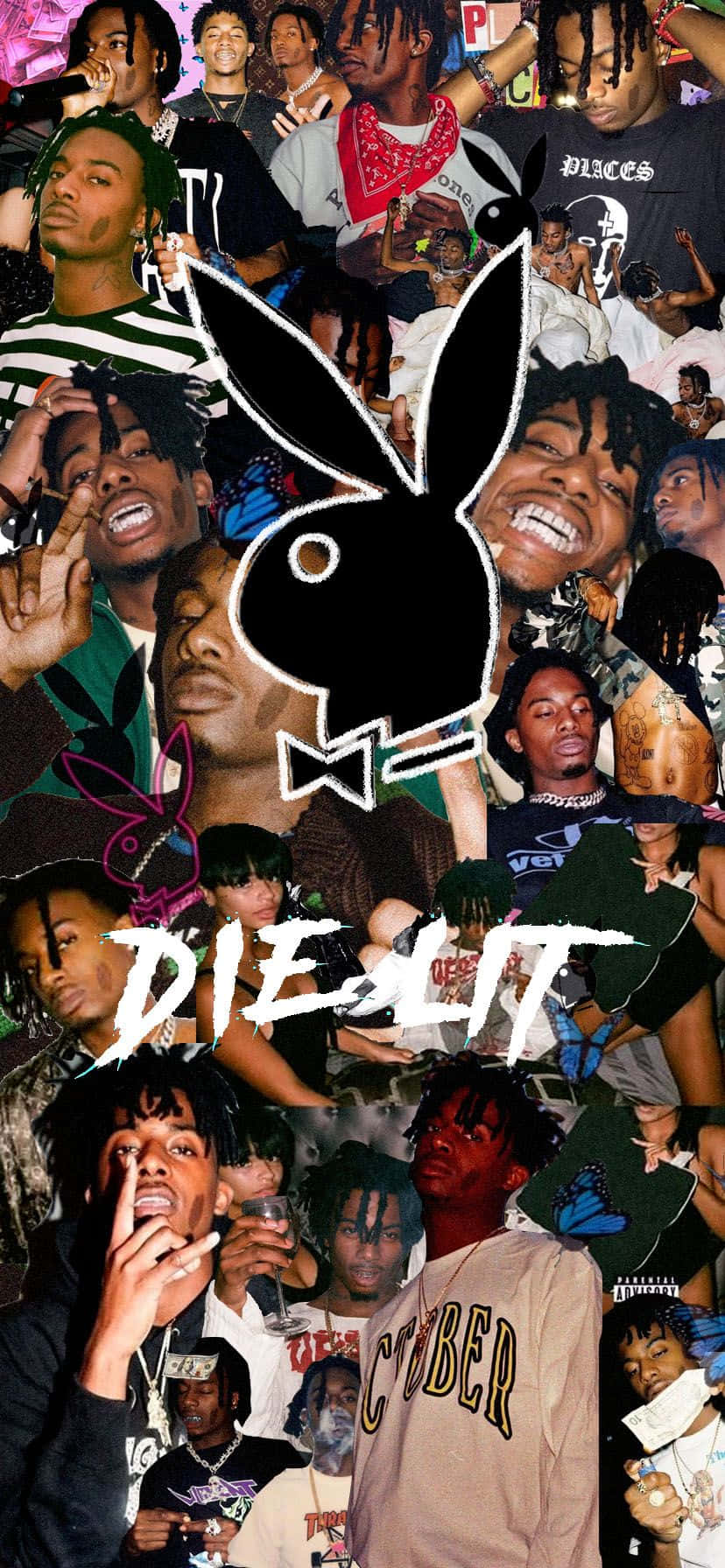 Rappers 桌布 壁紙 — 一幅充滿活力的年輕男性拼貼畫，上面疊加了標誌性的Playboy兔子標誌和「DIE4IT」文字。