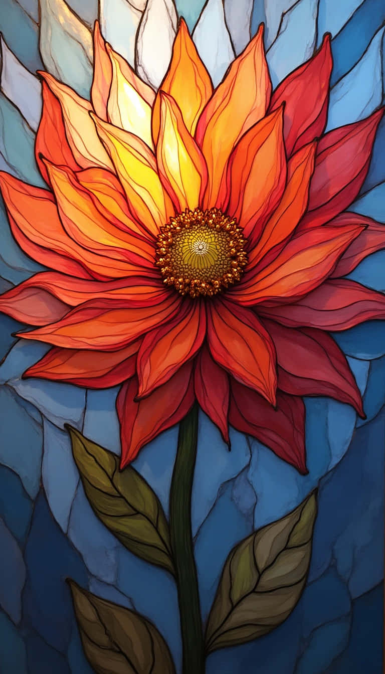 Flower 壁紙 — 一幅充滿活力的彩繪玻璃花，帶有火熱的橙色和紅色花瓣，在深藍色碎裂背景上發光。