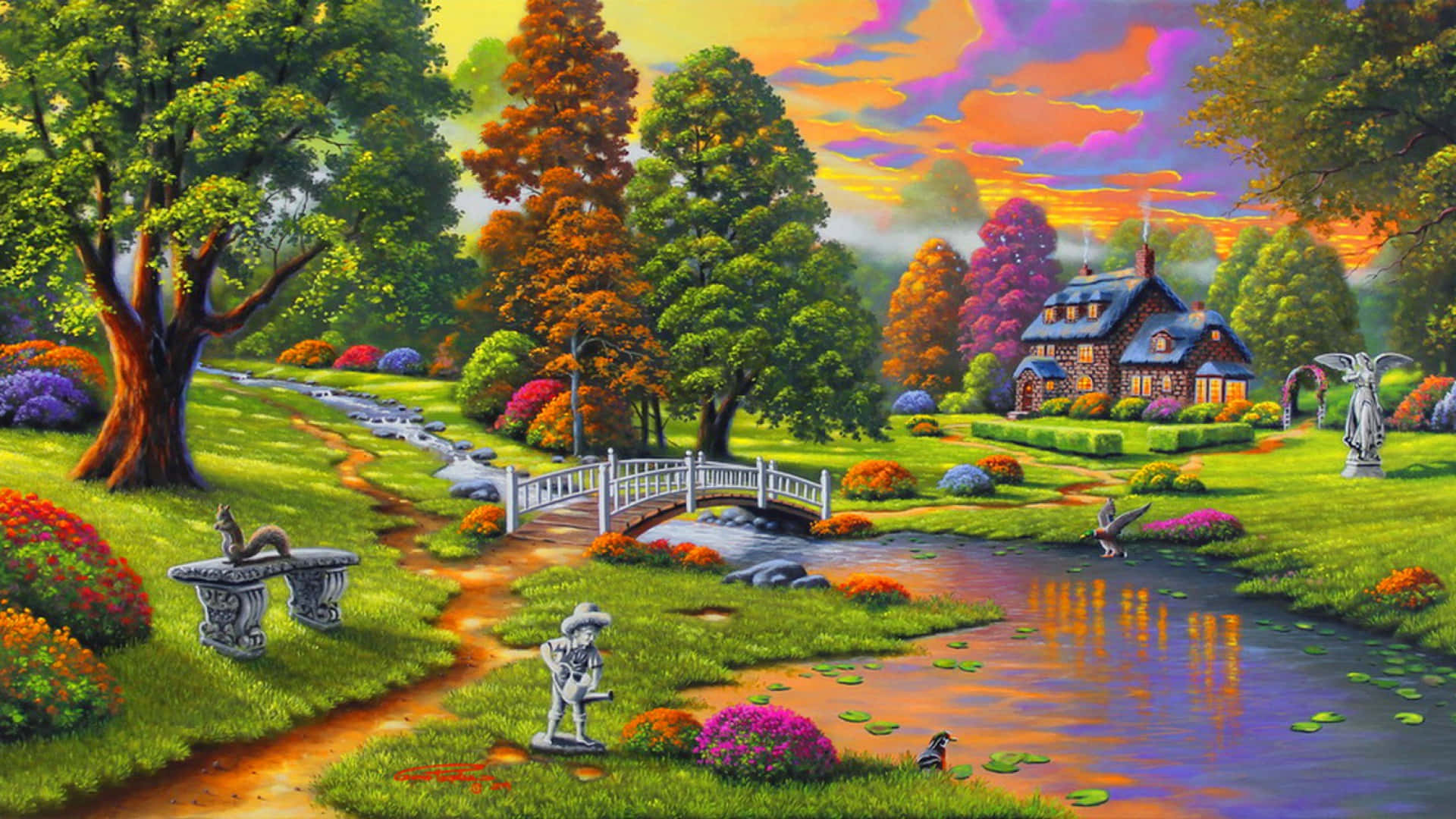 藝術 桌布 壁紙 — 一幅充滿活力的彩繪風景畫，描繪了一條蜿蜒的小路，在色彩繽紛的日落天空下，通往河邊一座舒適的小屋。