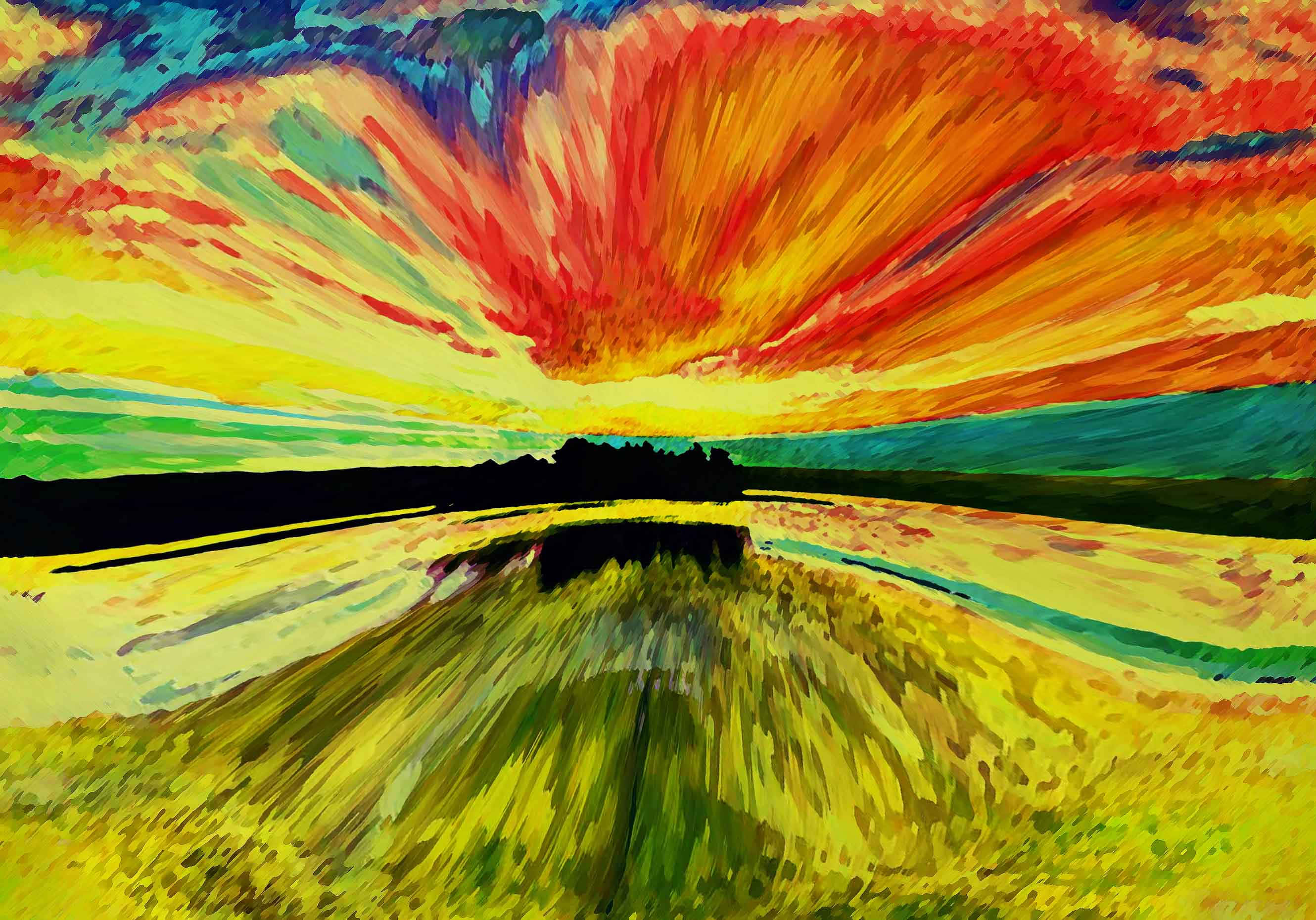 Expressionist 桌布 壁紙 — 一幅充滿活力的彩繪風景畫，燦爛的日落爆發在金黃色的田野和遠處的綠色山丘之上。