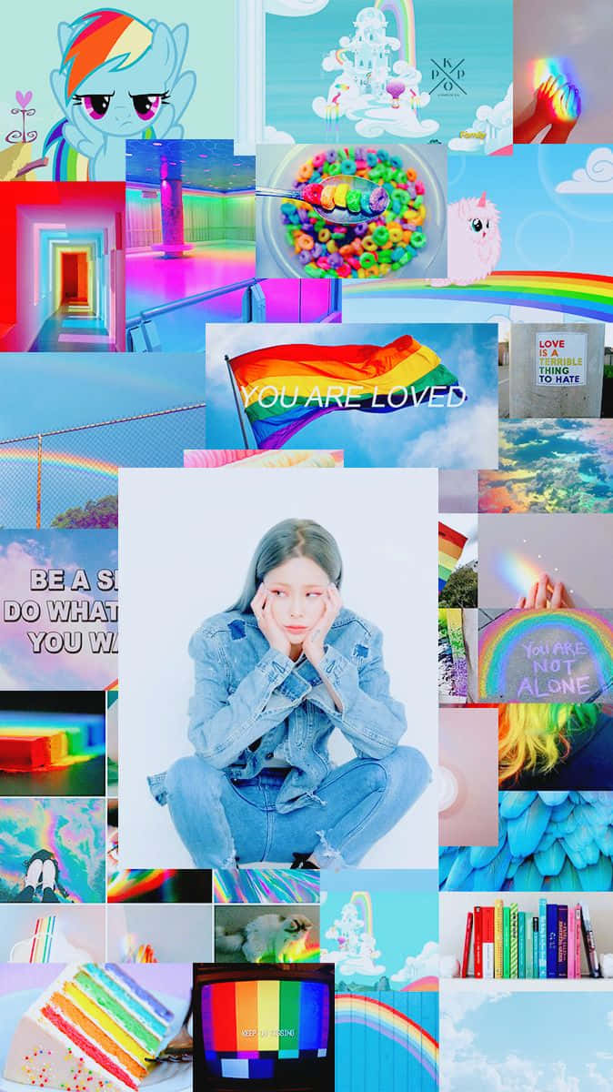 Pride Aesthetic 桌布 壁紙 — 一幅充滿活力的彩虹主題拼貼畫，包括人物、獨角獸、穀物、旗幟和慶祝愛與接納的語錄。