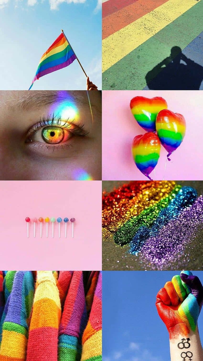 Aesthetic Lgbt Rainbow 桌布 壁紙 — 一幅充滿活力的彩虹主題物品拼貼畫，包括旗幟、心形、氣球、閃粉、棒棒糖和塗色的拳頭，背景是藍天。