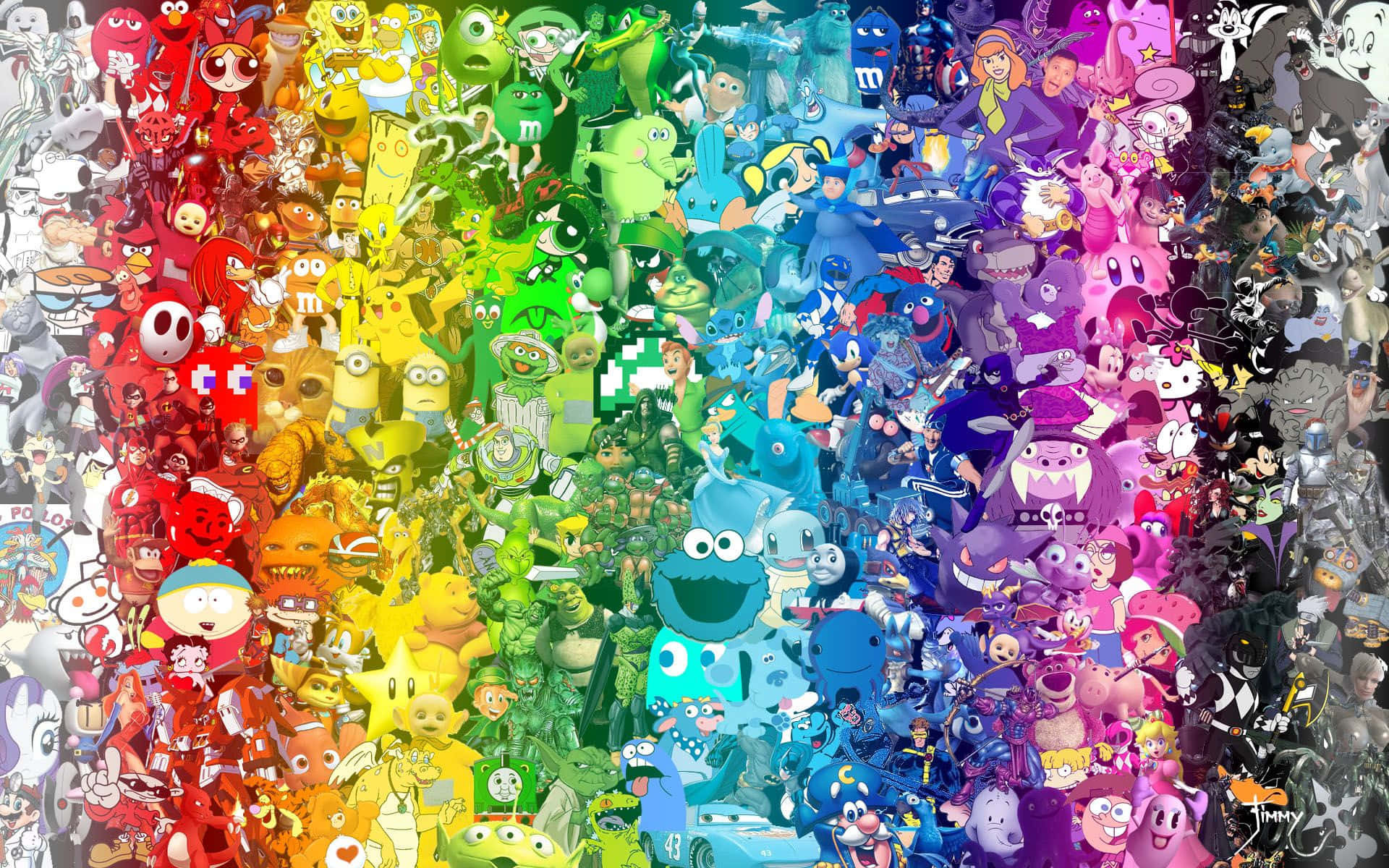 All Cartoon Characters 桌布 壁紙 — 一幅充滿活力的彩虹漸層拼貼畫，由數百個標誌性卡通人物緊密排列而成。