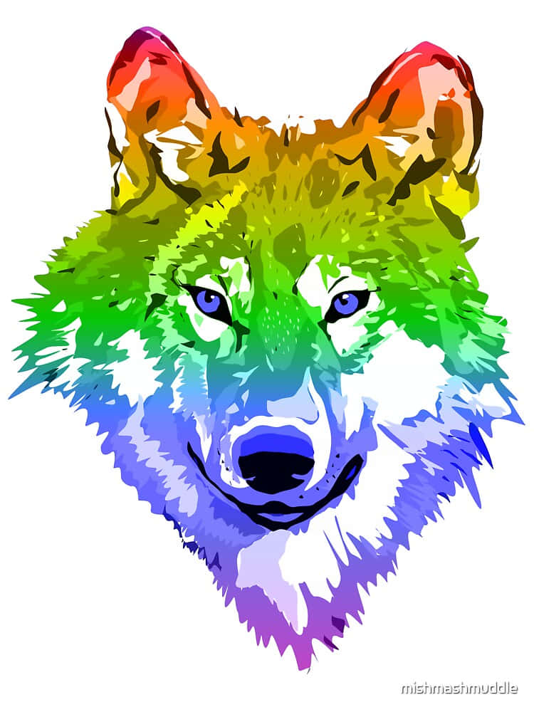 Rainbow Wolf 桌布 壁紙 — 一幅充滿活力的彩虹色狼頭插圖，帶有銳利的藍色眼睛和風格化的毛髮，背景為白色。