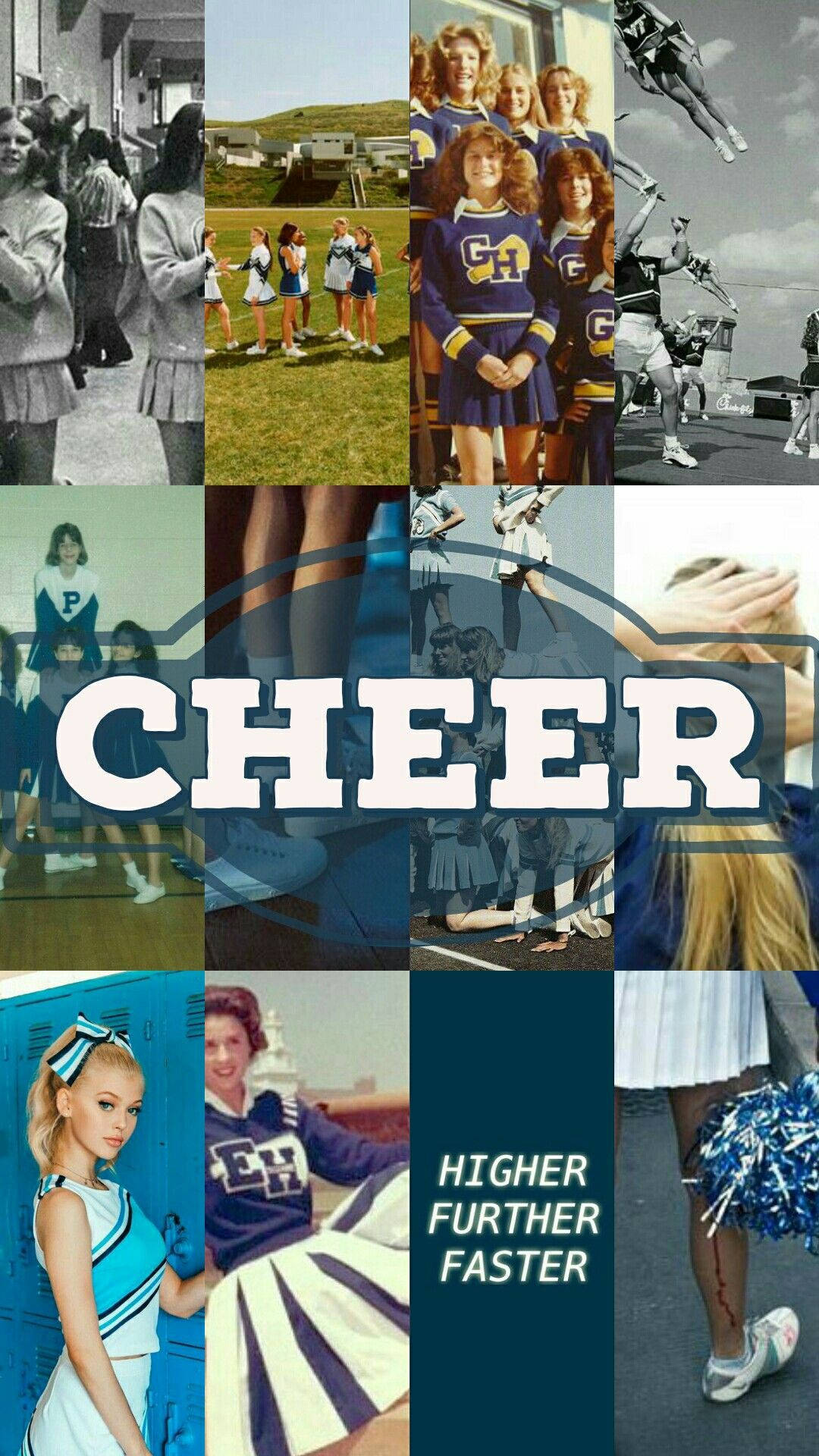 Cheerleader 桌布 壁紙 — 一幅充滿活力的復古啦啦隊照片拼貼，展示穿著制服的隊伍擺姿勢、表演和用彩球加油。