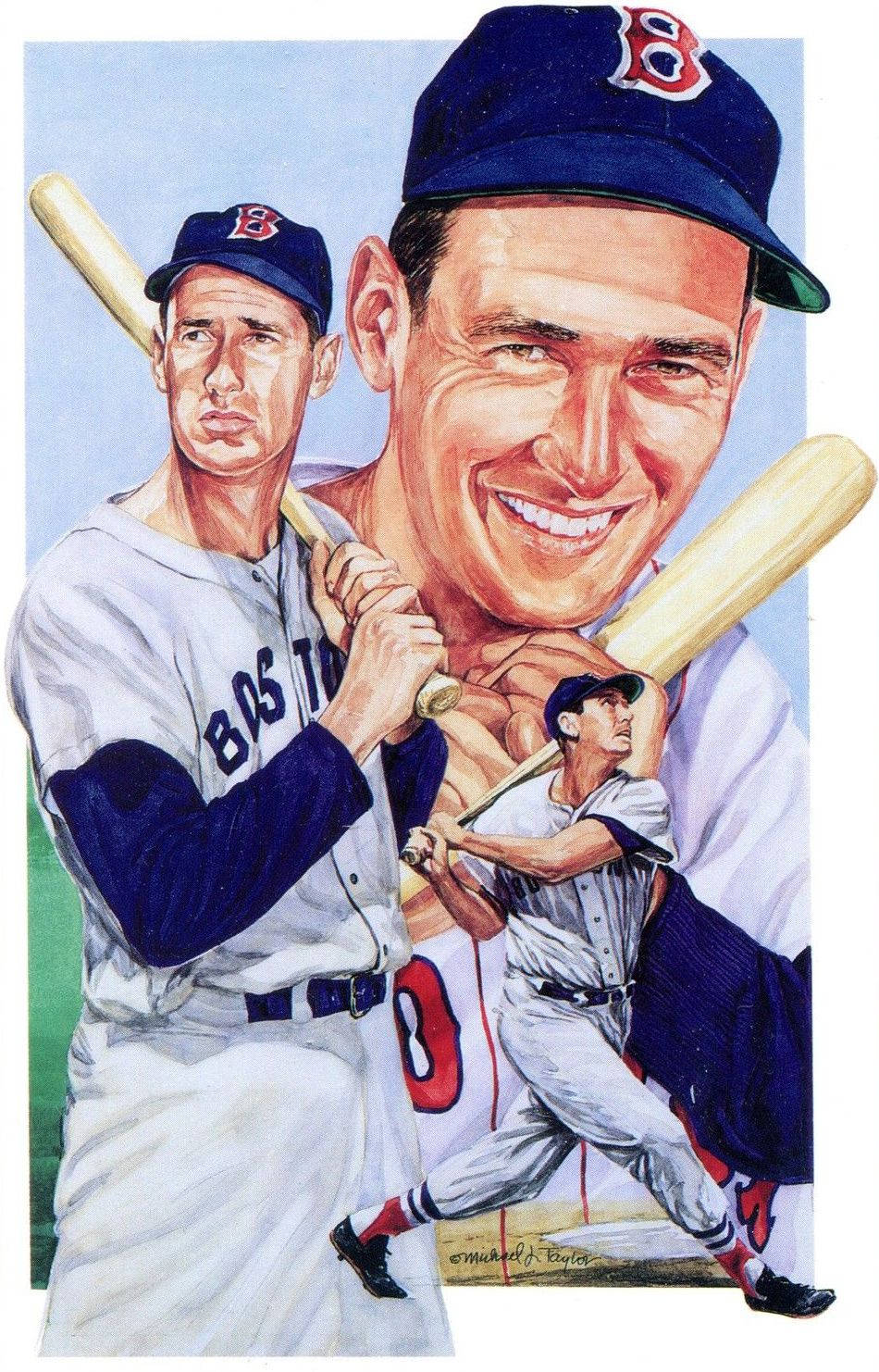 Ted Williams 桌布 壁紙 — 一幅充滿活力的復古插圖，描繪三名波士頓棒球選手在晴朗藍天下擺出揮棒動作姿勢。