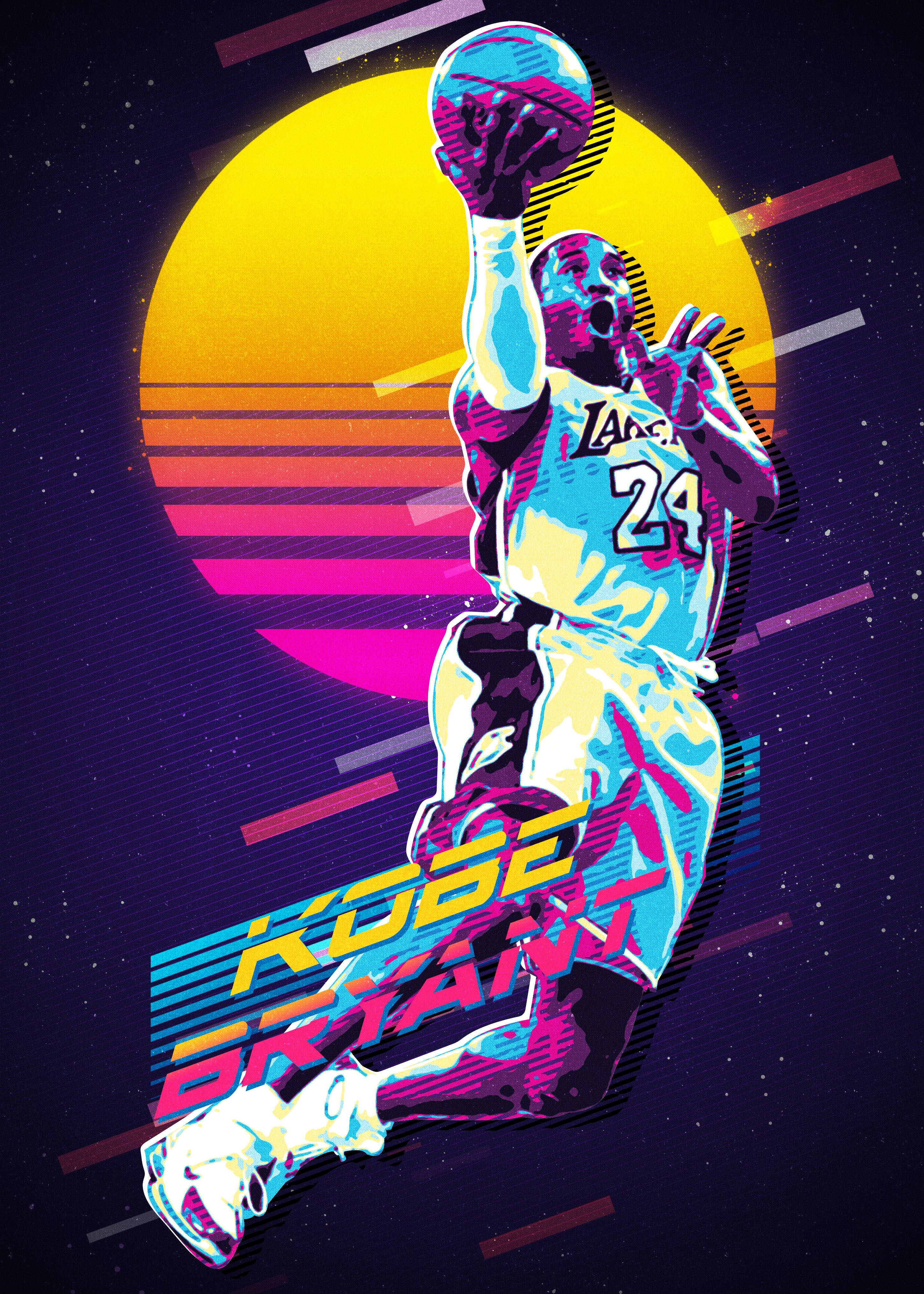 科比· Bryant 桌布 壁紙 — 一幅充滿活力的復古未來主義插圖，描繪柯比·布萊恩在半空中灌籃籃球，背景是發光的日落。