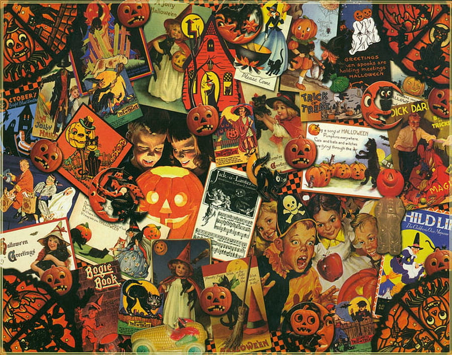 Vintage Halloween 桌布 壁紙 — 一幅充滿活力的復古萬聖節明信片拼貼畫， featuring 南瓜、鬼魂、女巫和穿著節日服裝的孩子們。