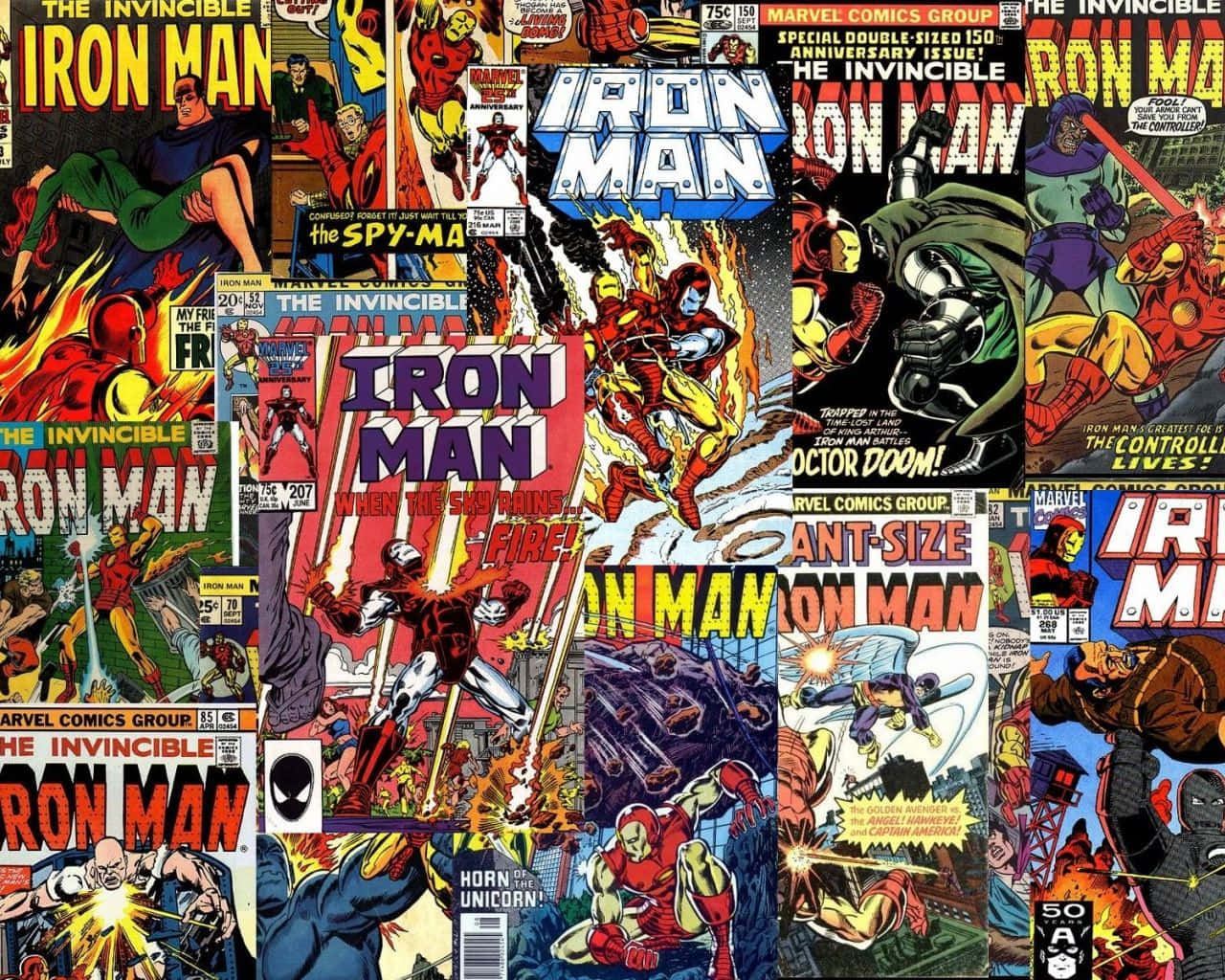 Iron Man Comics 桌布 壁紙 — 一幅充滿活力的復古鋼鐵人漫畫封面拼貼畫，充滿動感動作和鮮明的紅、金、藍色調。