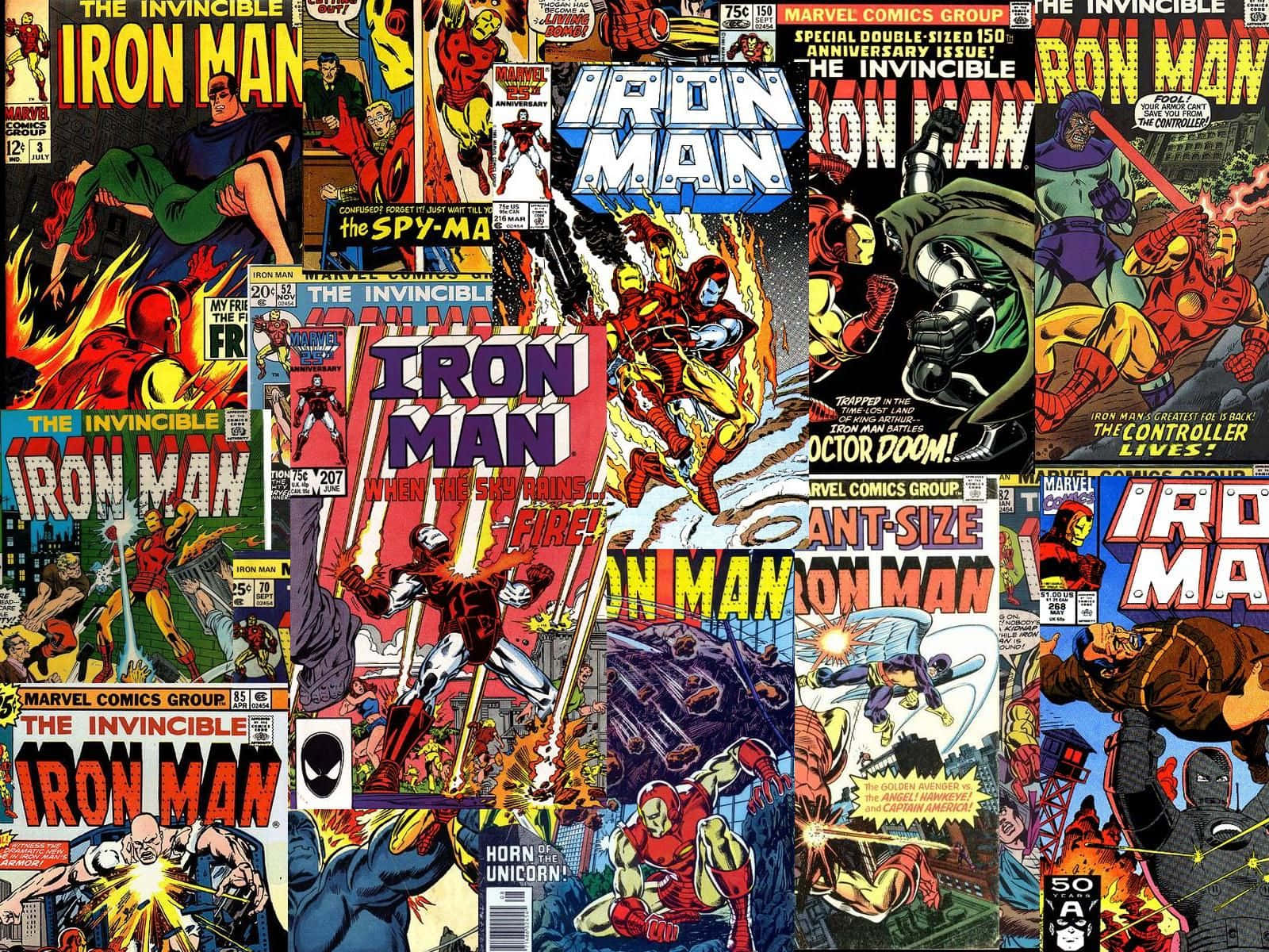 Comics 桌布 壁紙 — 一幅充滿活力的復古鋼鐵人漫畫封面拼貼畫，充滿動感動作和大膽的紅、金、藍色藝術作品。