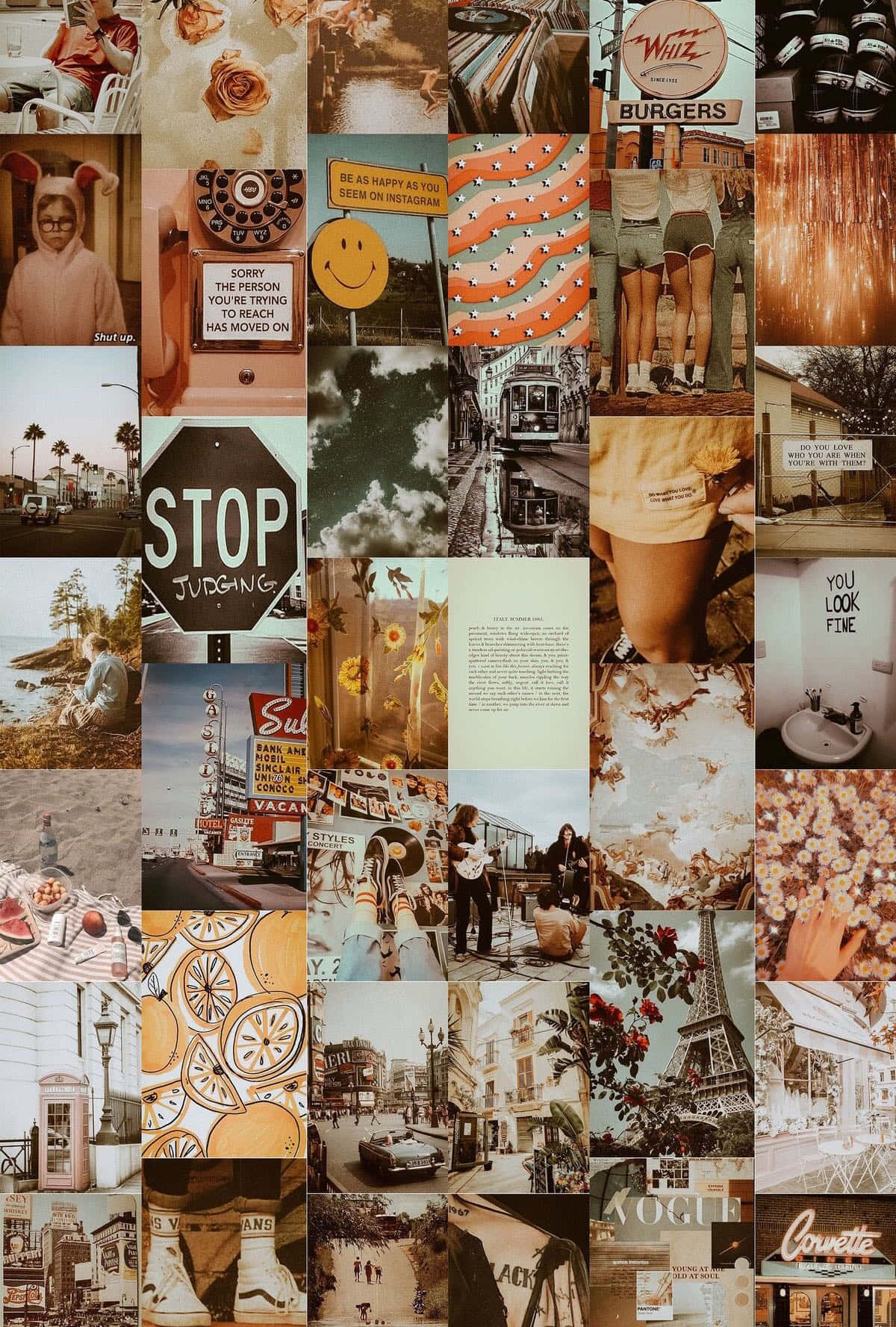 Vintage Collage 桌布 壁紙 — 一幅充滿活力的復古風格照片拼貼，以溫暖色調呈現街景、時尚、美食和標誌性地標。