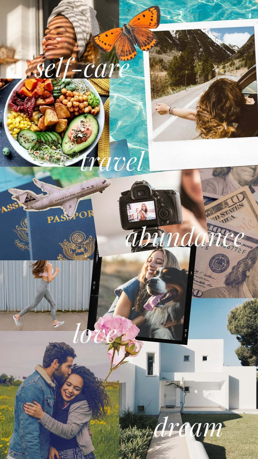 Travel Aesthetic Phone 桌布 壁紙 — 一幅充滿活力的快樂時刻拼貼畫，包括旅行、公路旅行、美食、攝影、愛情、寵物和夢想。