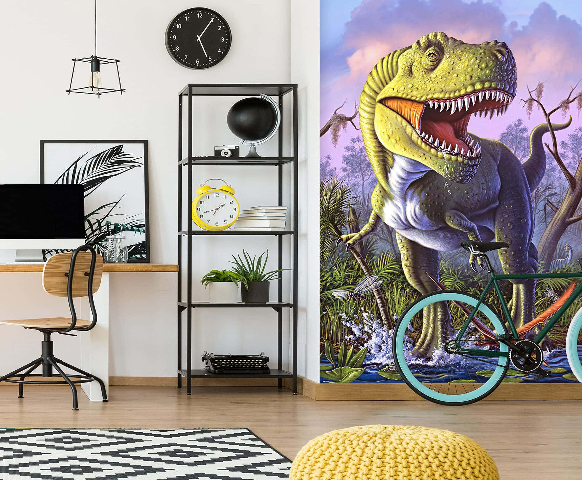 3d Dinosaur 桌布 壁紙 — 一幅充滿活力的恐龍壁畫覆蓋了現代房間的牆壁，旁邊有一輛自行車靠著。