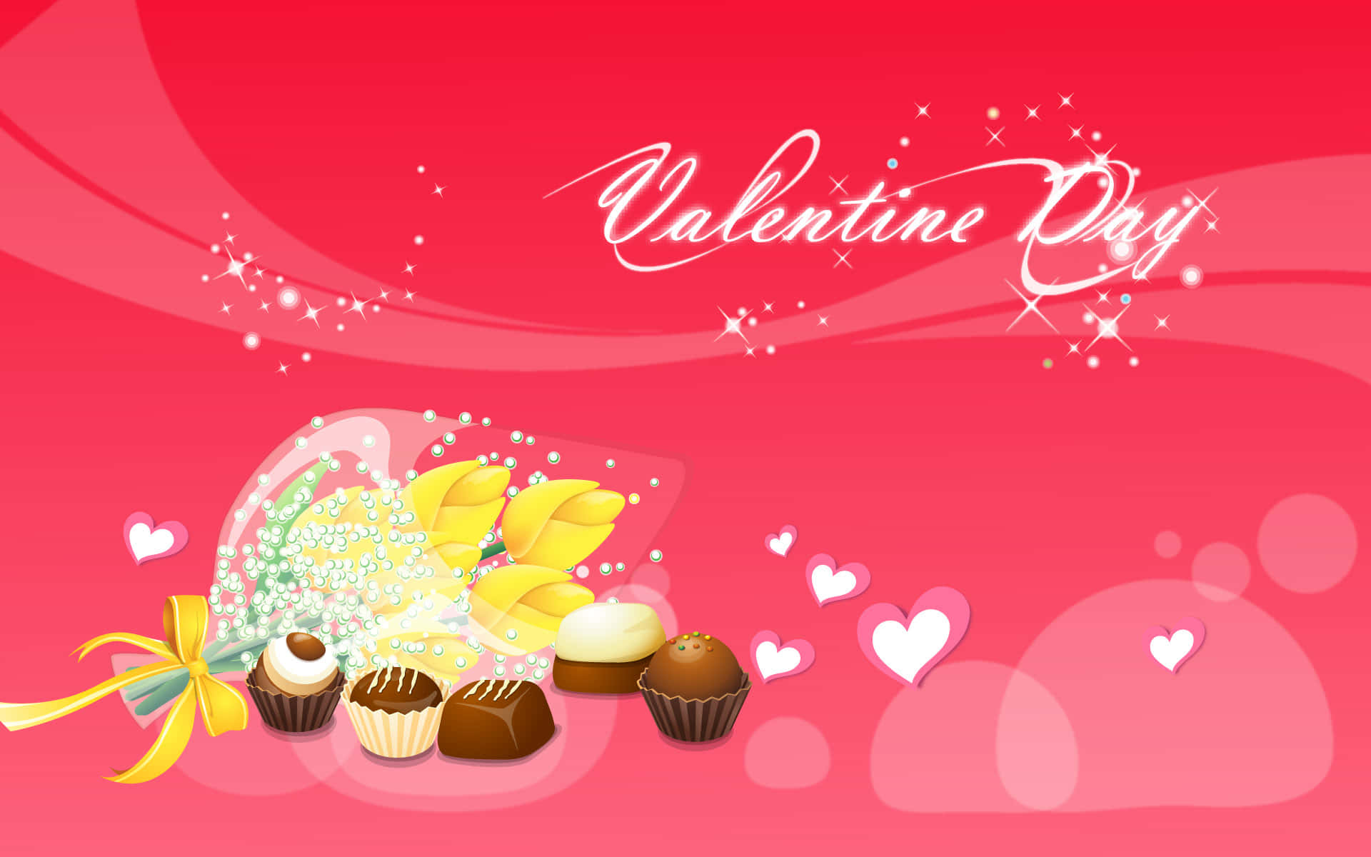 High Resolution Valentines Day 桌布 壁紙 — 一幅充滿活力的情人節插圖，包含各式巧克力和一束黃色鬱金香，背景是閃爍的粉紅色漸變。