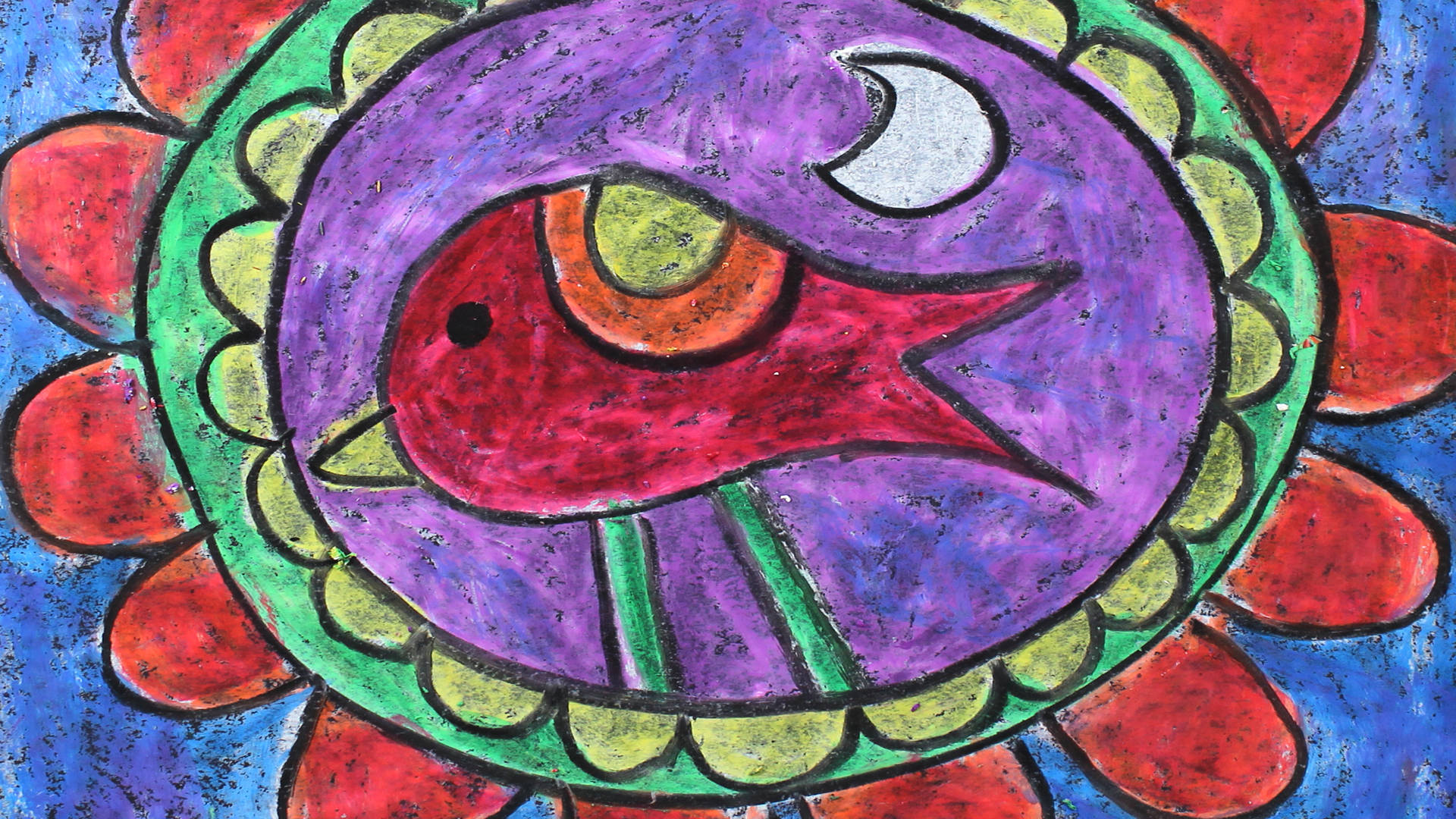 Folk Art 桌布 壁紙 — 一幅充滿活力的手繪插圖，描繪了一隻紅鳥，眼睛呈新月形，周圍環繞著藍色背景上的彩色花卉圖案。